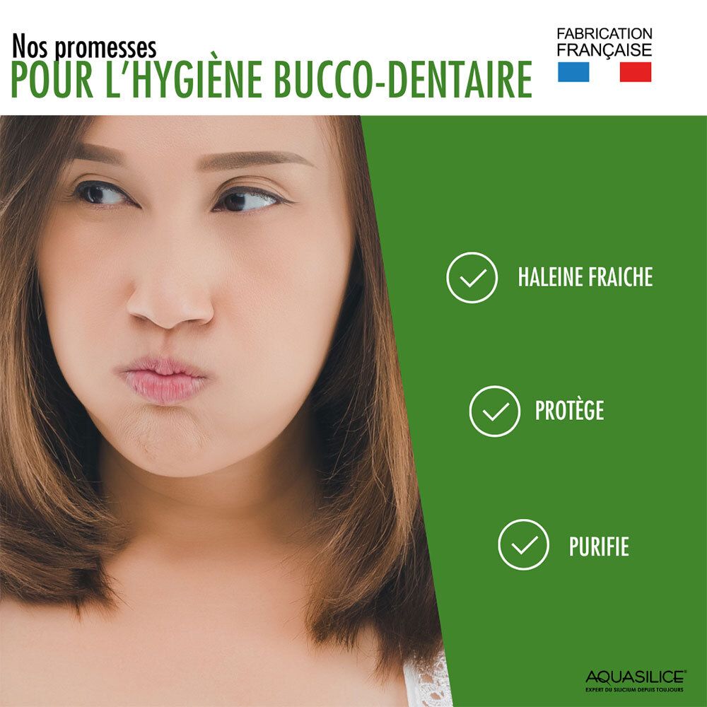 Femme faisant un geste avec du bain de bouche, pour haleine fraîche, protection et purification.
