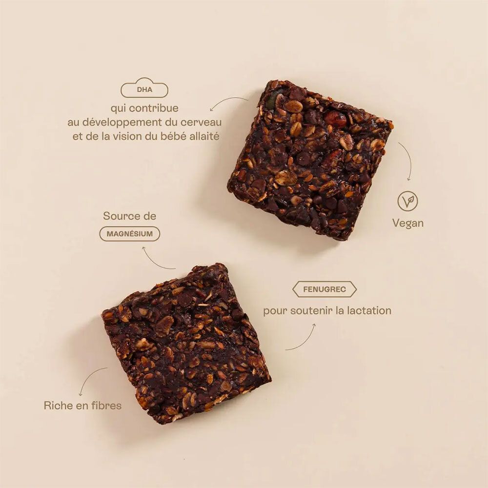 Deux barres carrées marron. Texte: DHA, source de magnésium, riche en fibres, vegan, fenugrec.