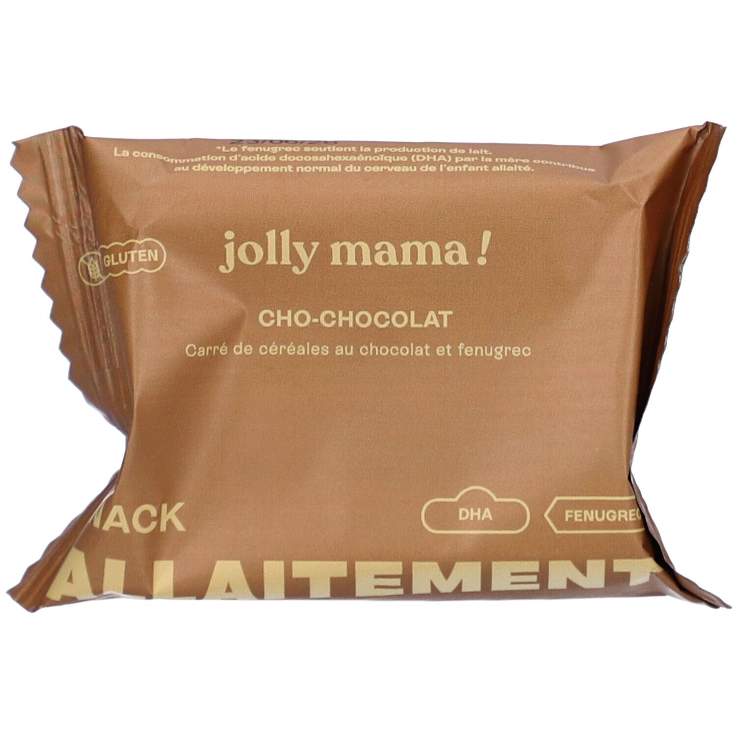 Emballage avec nom du produit: JOLLY MAMA! CHO-CHOCOLAT. Barres carrées au chocolat et fenugrec. Sans gluten.