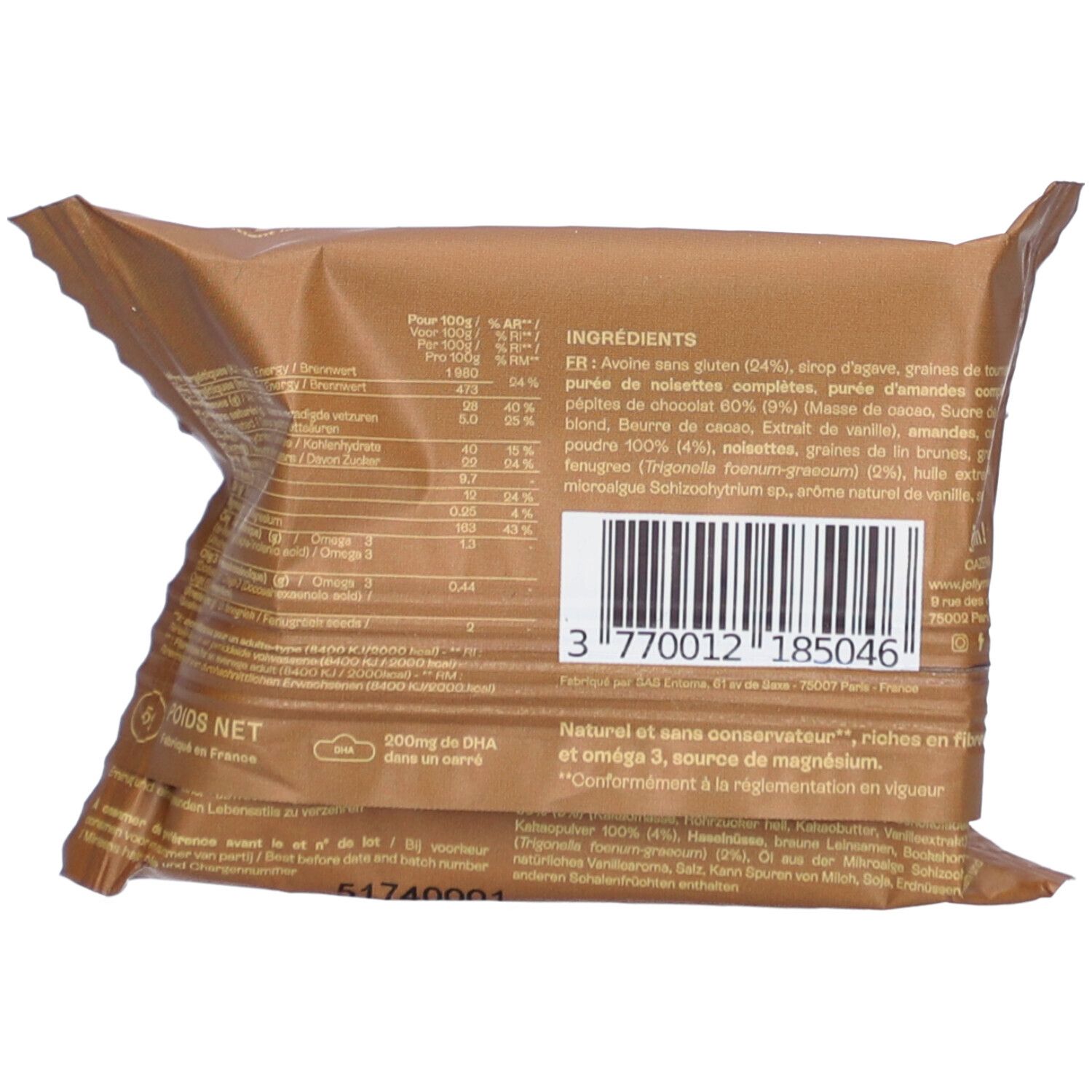 Dos de l'emballage. Liste des ingrédients, informations nutritionnelles, origine. Texte: Naturel et sans conservateur, riche en fibres.