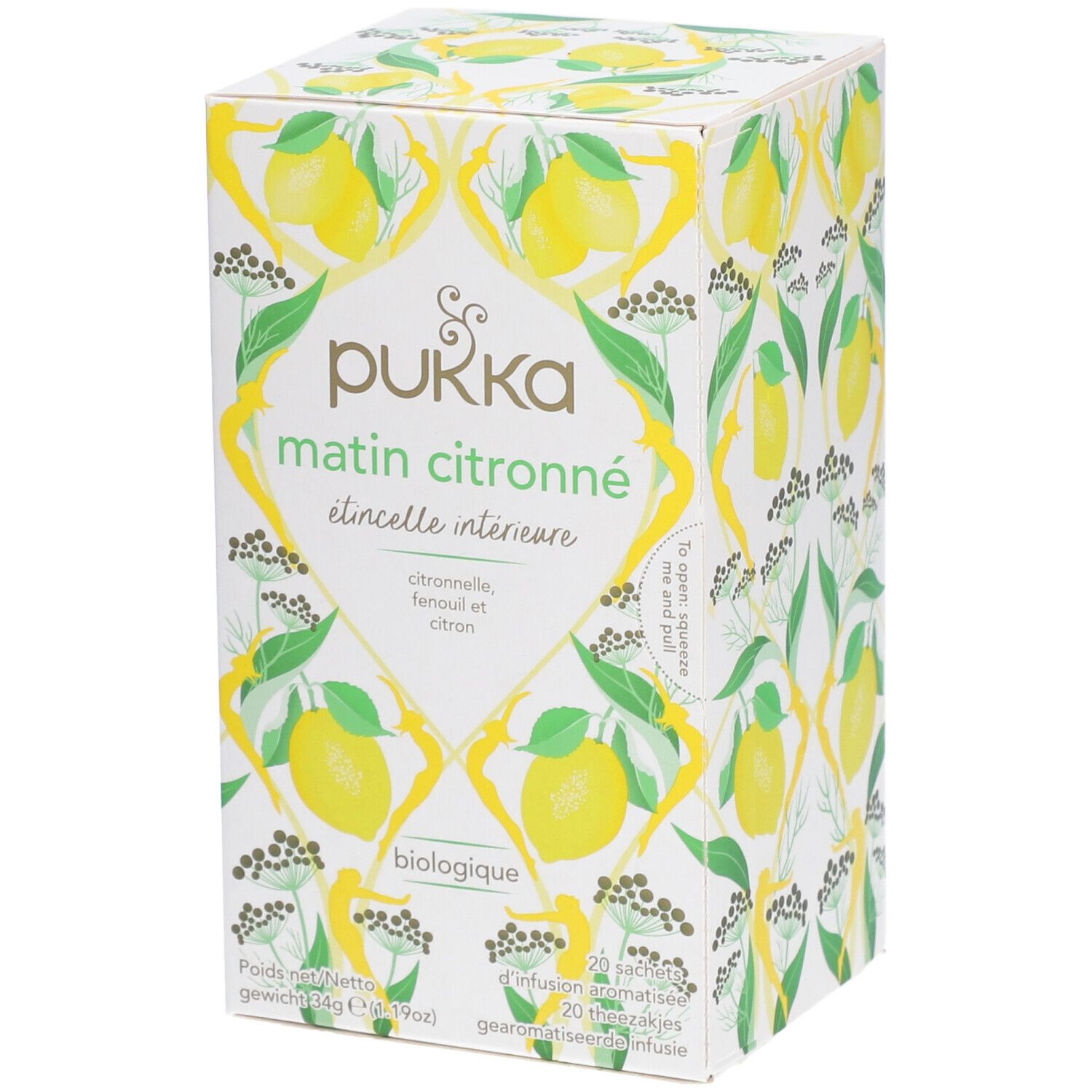 Boîte de thé Pukka Matin Citronné. Motif de citrons et plantes. Logo et nom du produit visibles.