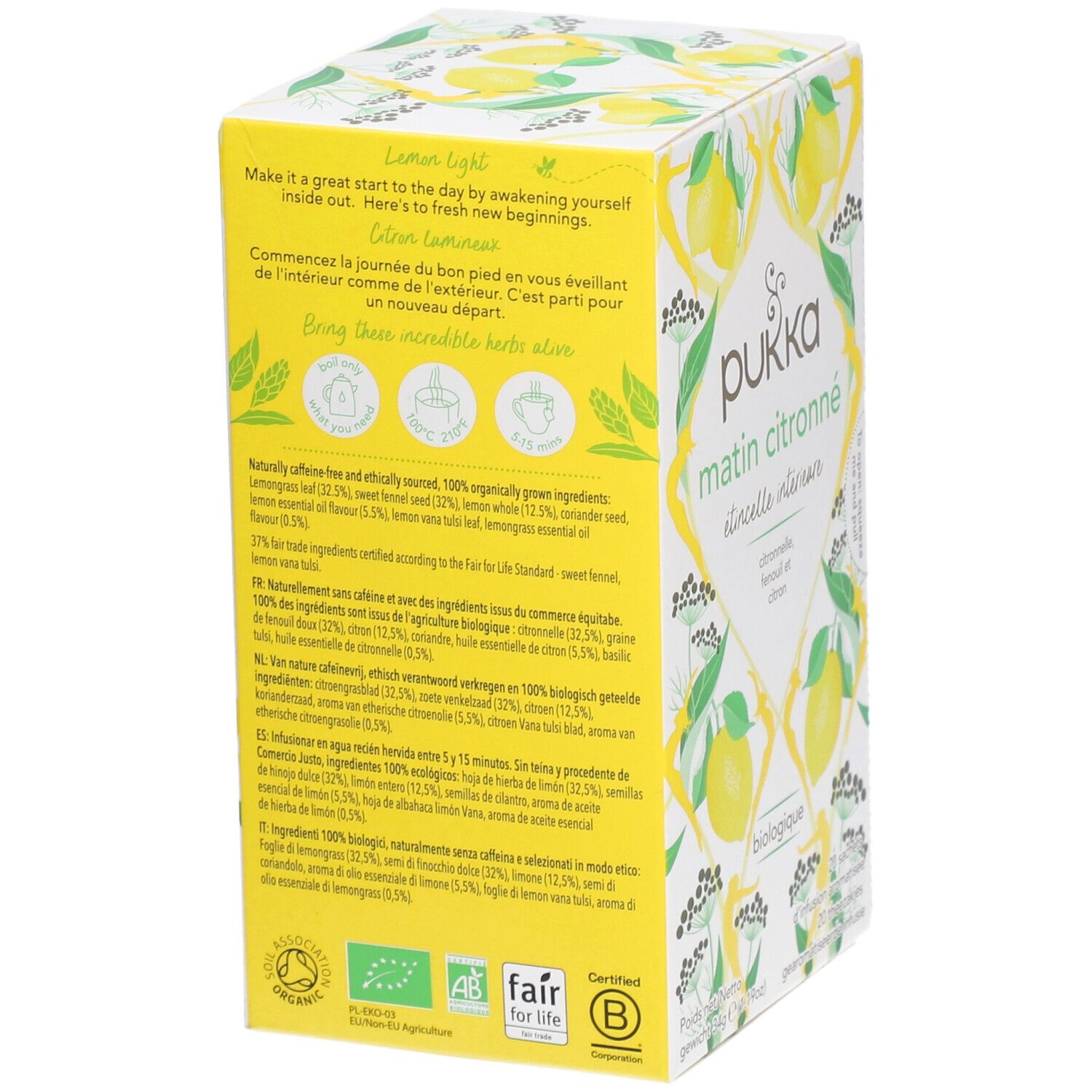 Dos de la boîte de thé Pukka Matin Citronné. Texte avec ingrédients et certifications. Fond jaune.