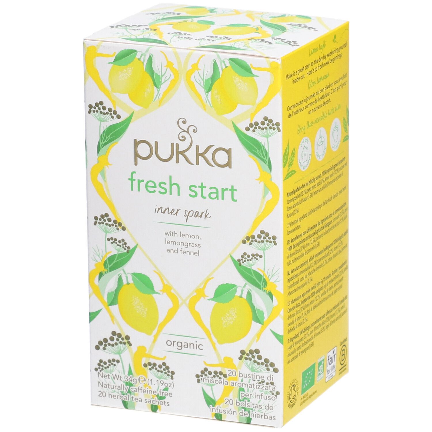 Boîte de thé Pukka Fresh Start. Logo, nom du produit et motif citrons et plantes. 20 sachets.