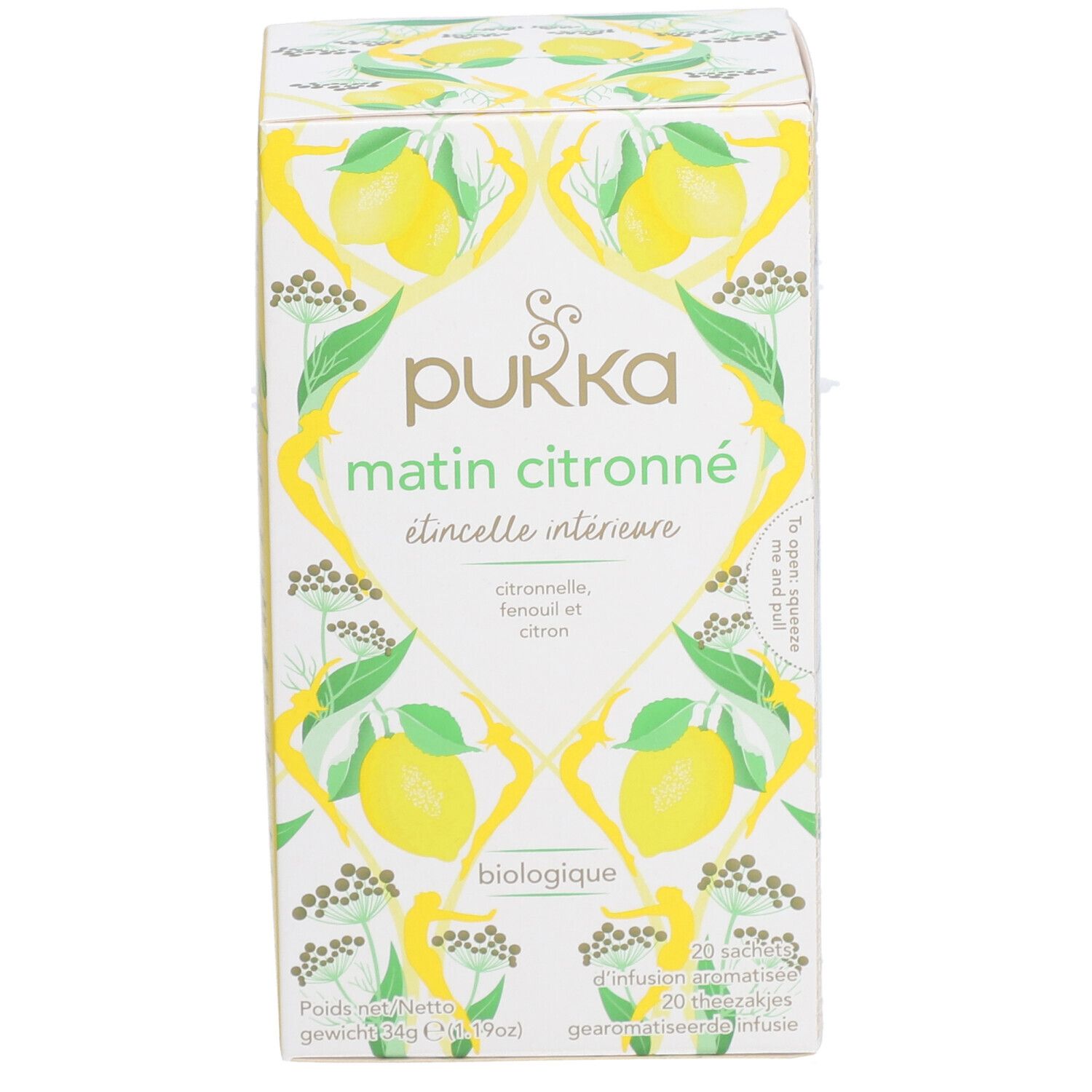 Boîte de thé Pukka Matin Citronné. Logo, nom du produit et motif citrons et plantes. 20 sachets.
