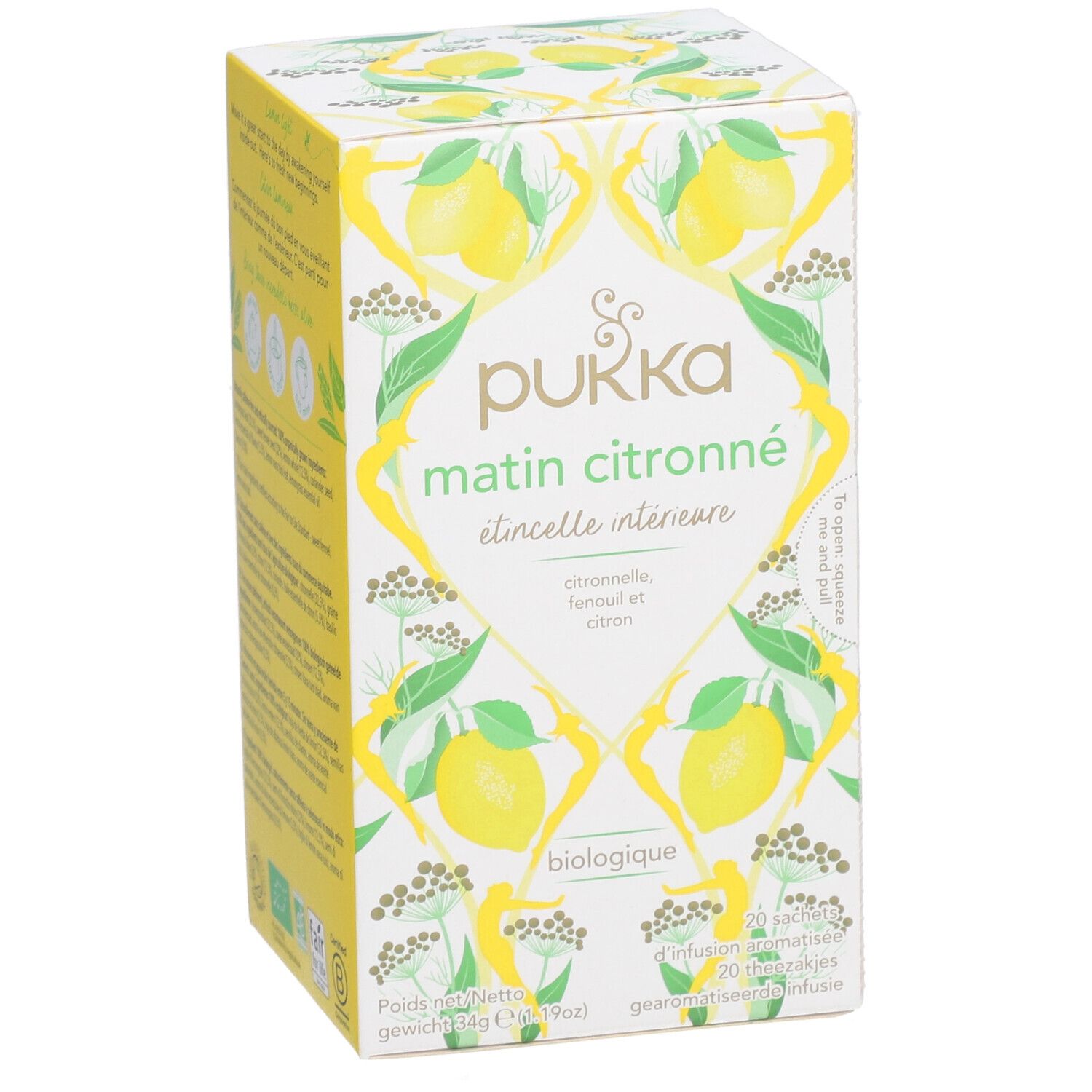 Boîte de thé Pukka Matin Citronné. Logo, nom du produit et motif citrons et plantes. 20 sachets.