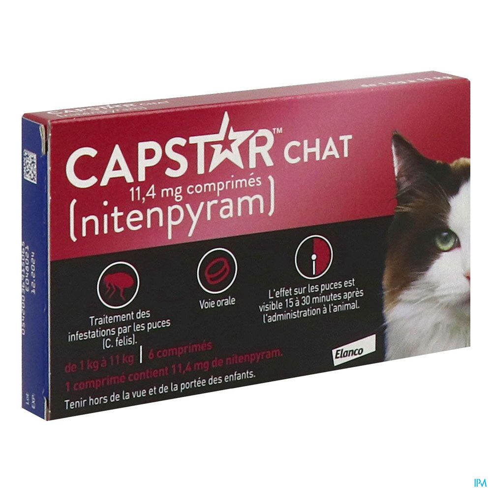 Boîte de CAPSTAR CHAT, comprimés 11,4 mg. Emballage rouge et blanc avec chat. 6 comprimés.