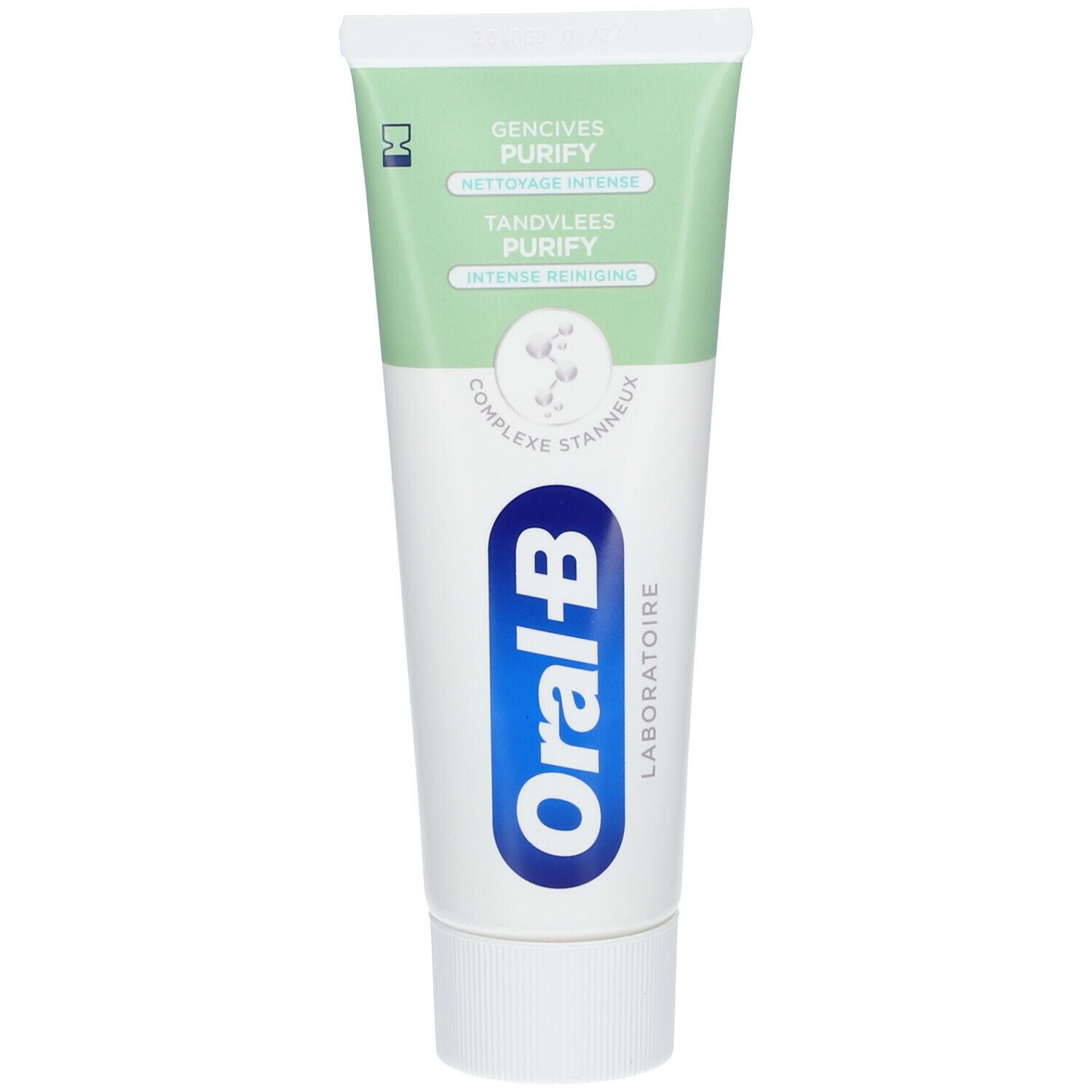 Tube de dentifrice blanc avec texte vert et bleu. Contient Oral-B Laboratoire Gencives Purify.