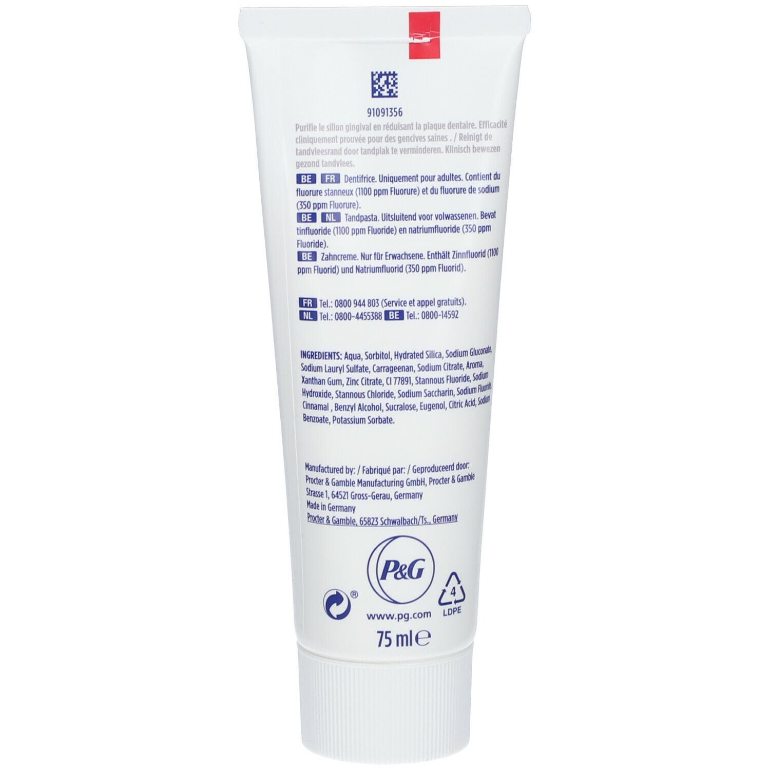 Dos du tube de dentifrice blanc. Contient du texte multilingue et des ingrédients.