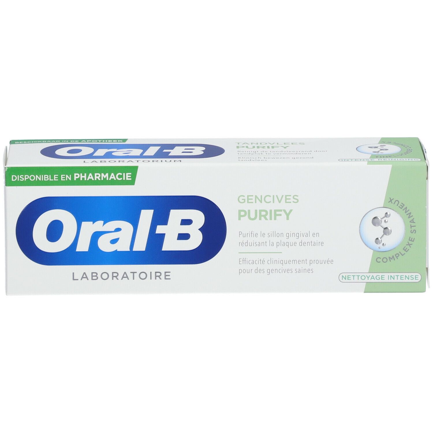 Boîte blanche avec texte vert et bleu. Contient Oral-B Laboratoire Gencives Purify.