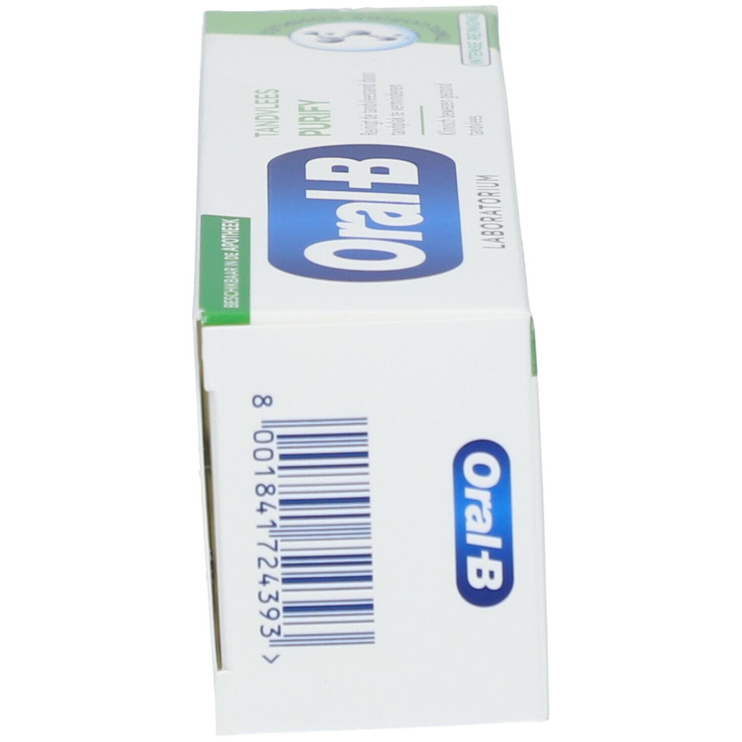 Boîte avec texte vert et bleu. Contient Oral-B Laboratoire Gencives Purify. Code-barres visible.