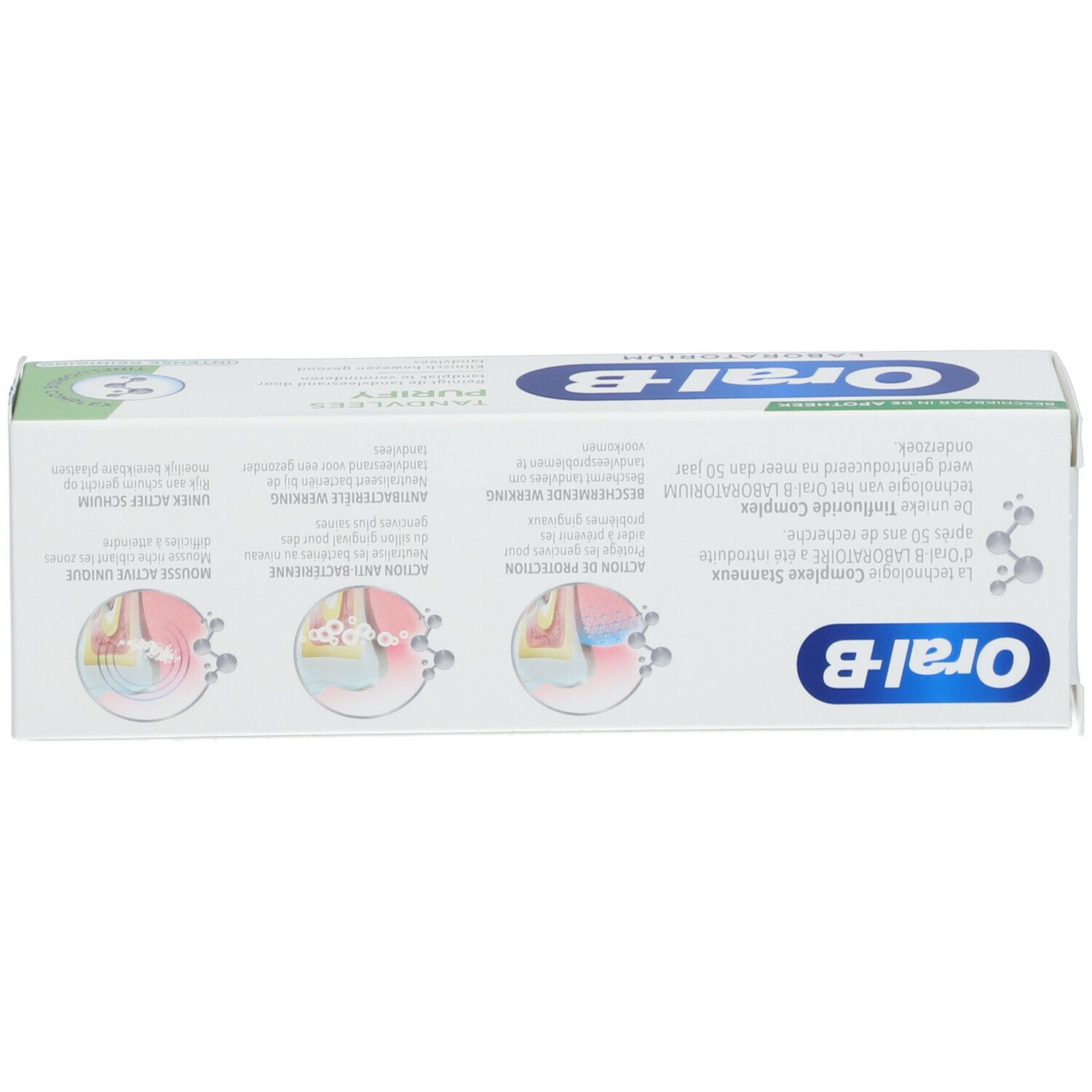 Boîte avec texte vert et bleu. Contient Oral-B Laboratoire Gencives Purify. Graphiques.