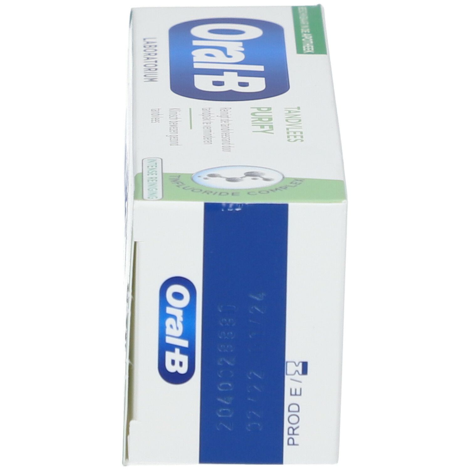 Boîte avec texte vert et bleu. Contient Oral-B Laboratoire Gencives Purify. Code produit.