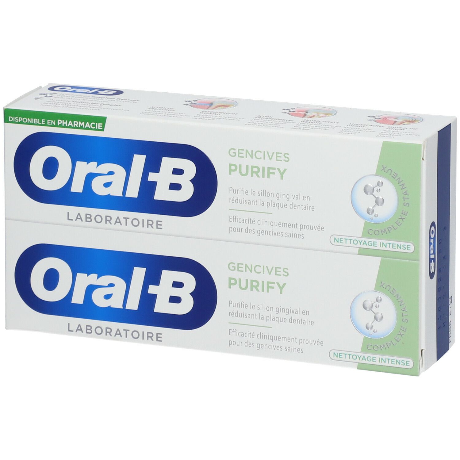 Deux boîtes de dentifrice Oral-B Laboratoire, Gencives Purify. Inscription: Disponible en pharmacie.