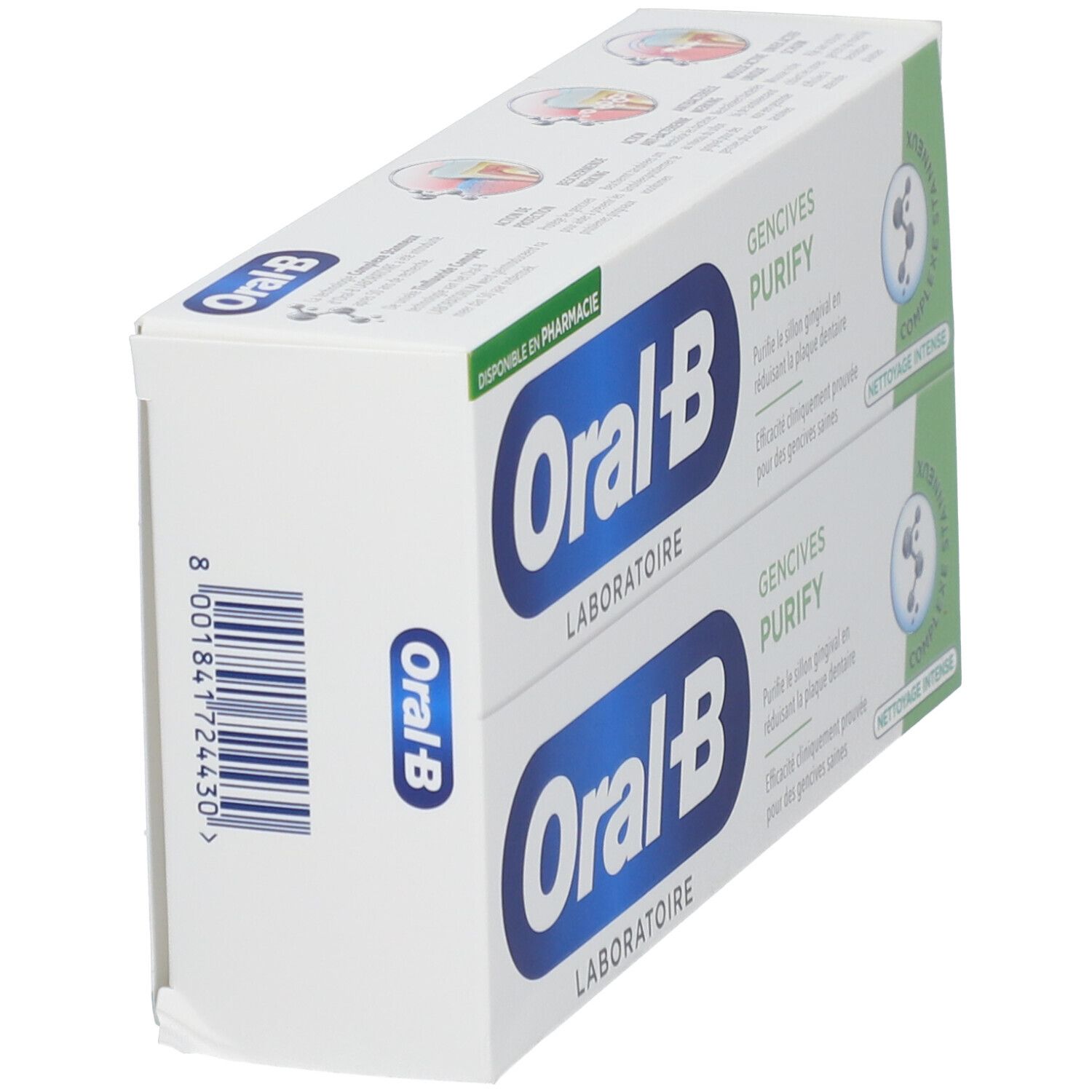 Deux boîtes de dentifrice Oral-B Laboratoire, Gencives Purify. Vue latérale avec code-barres.