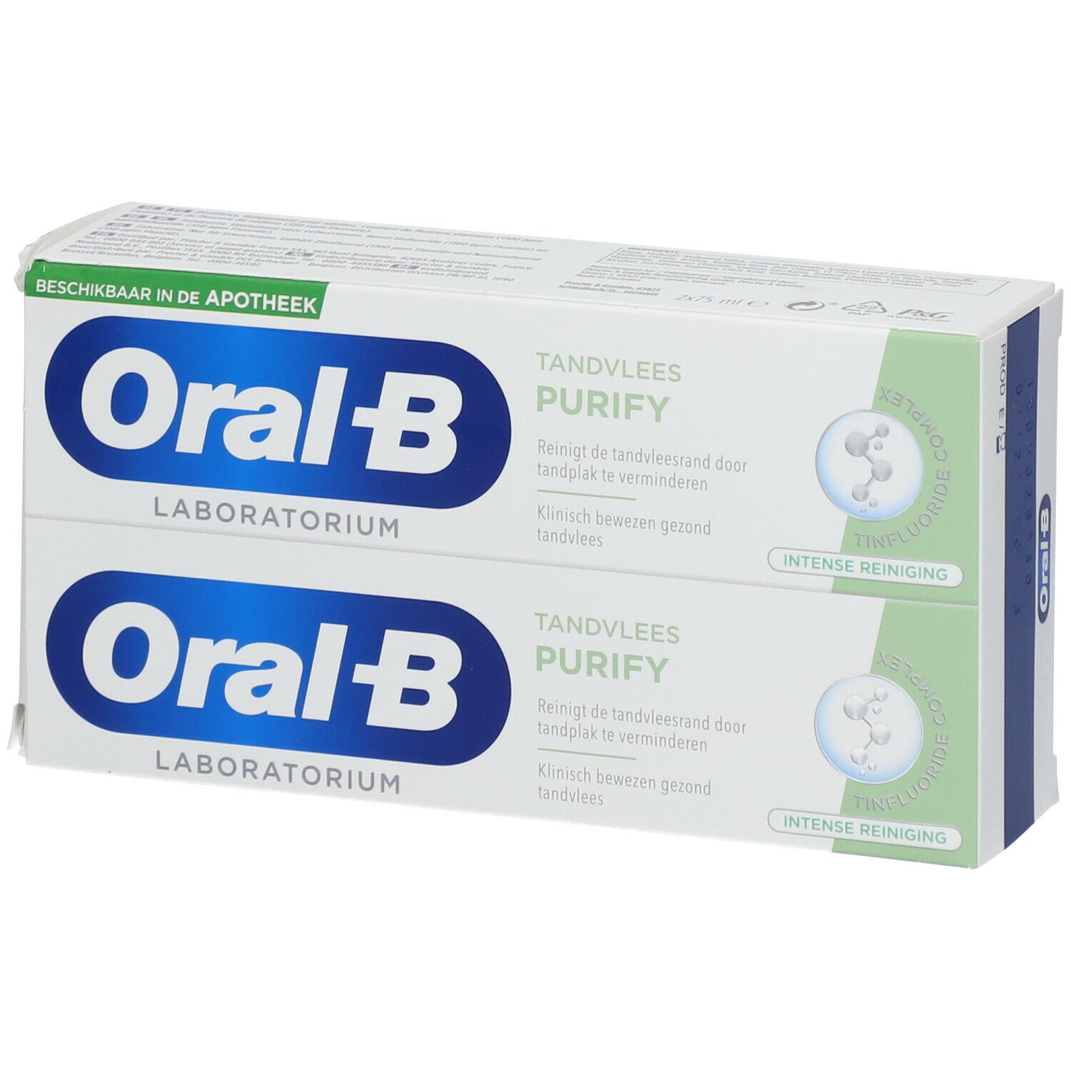 Deux boîtes de dentifrice Oral-B Laboratoire, Tandvlees Purify. Inscription: Beschikbaar in de apotheek.