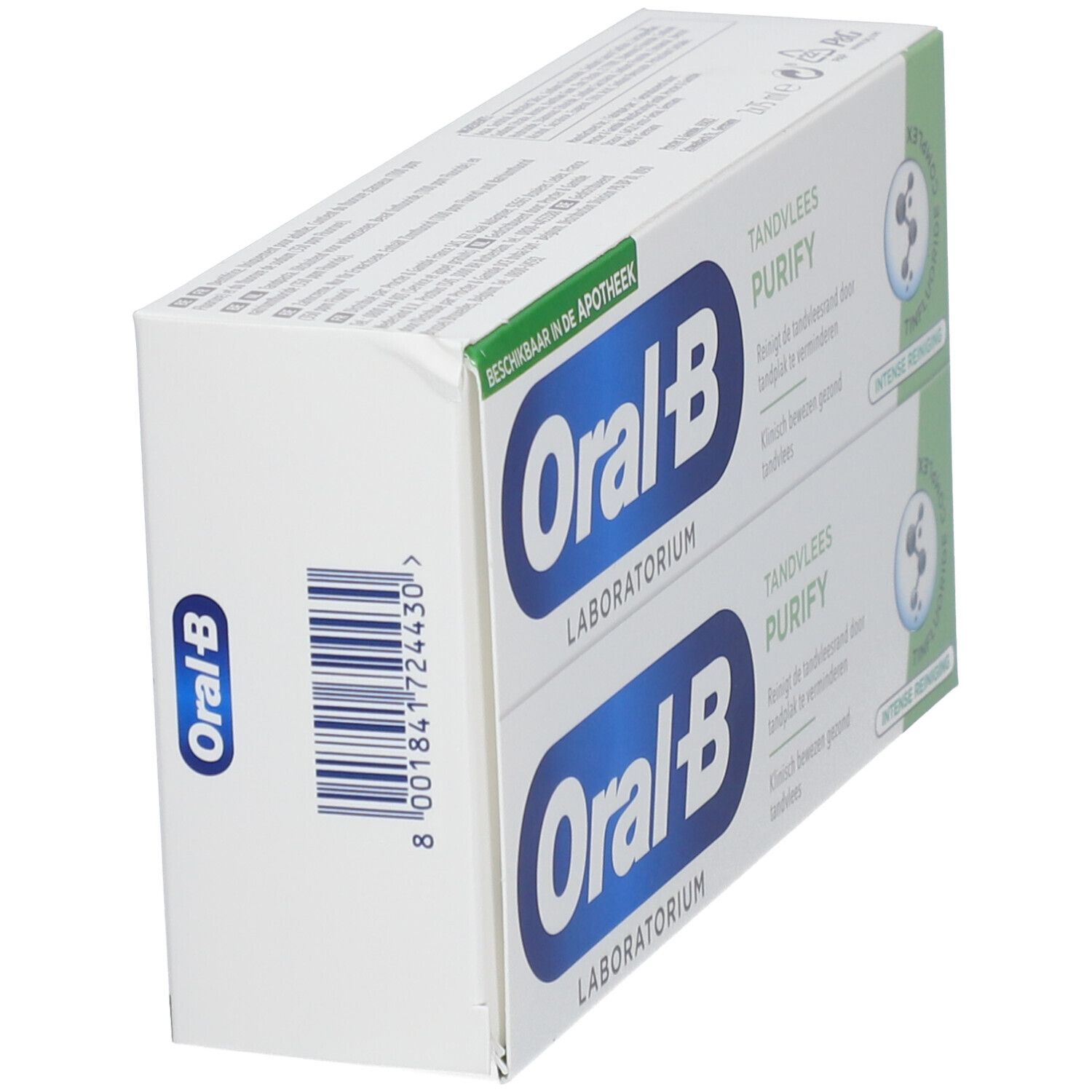 Deux boîtes de dentifrice Oral-B Laboratoire, Tandvlees Purify. Vue latérale avec code-barres.