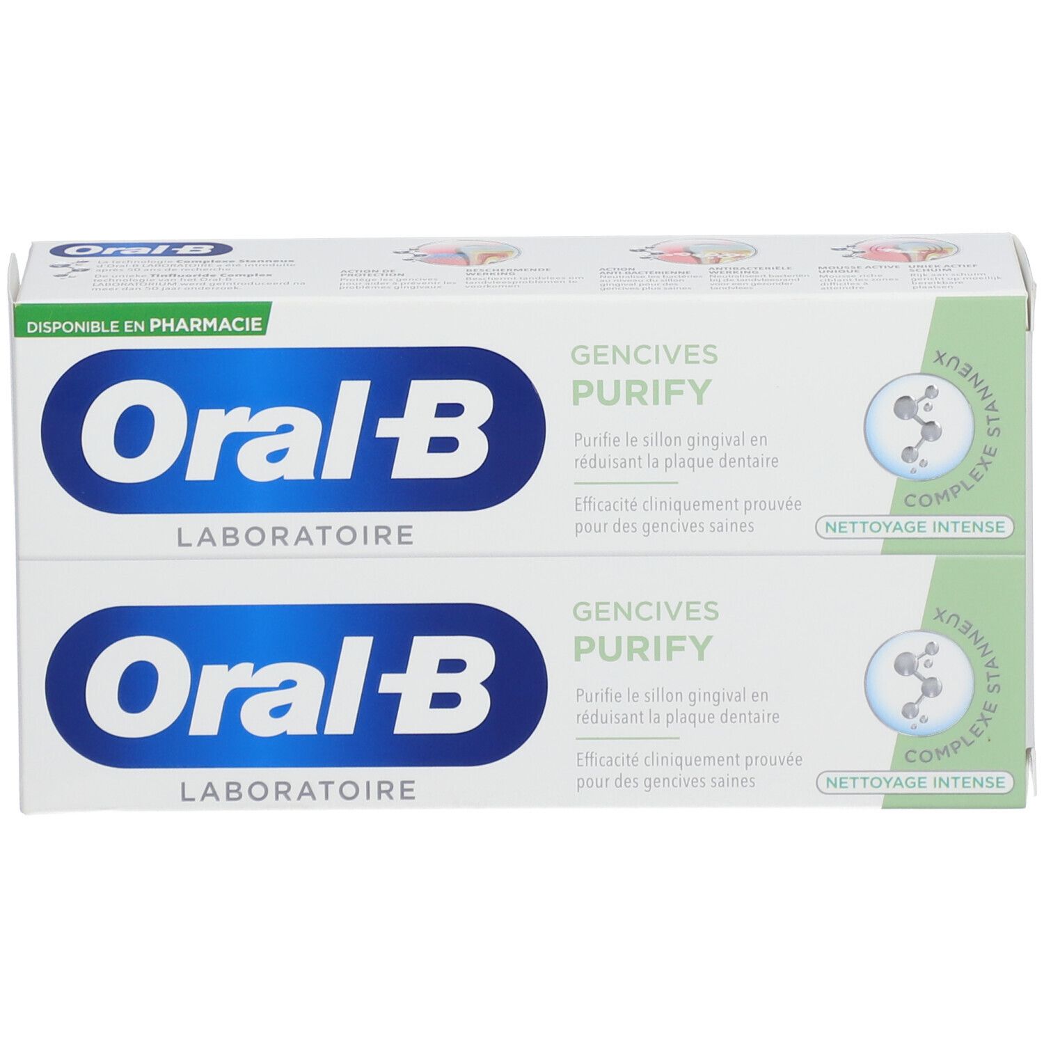 Deux boîtes de dentifrice Oral-B Laboratoire, Gencives Purify. Inscription: Disponible en pharmacie.