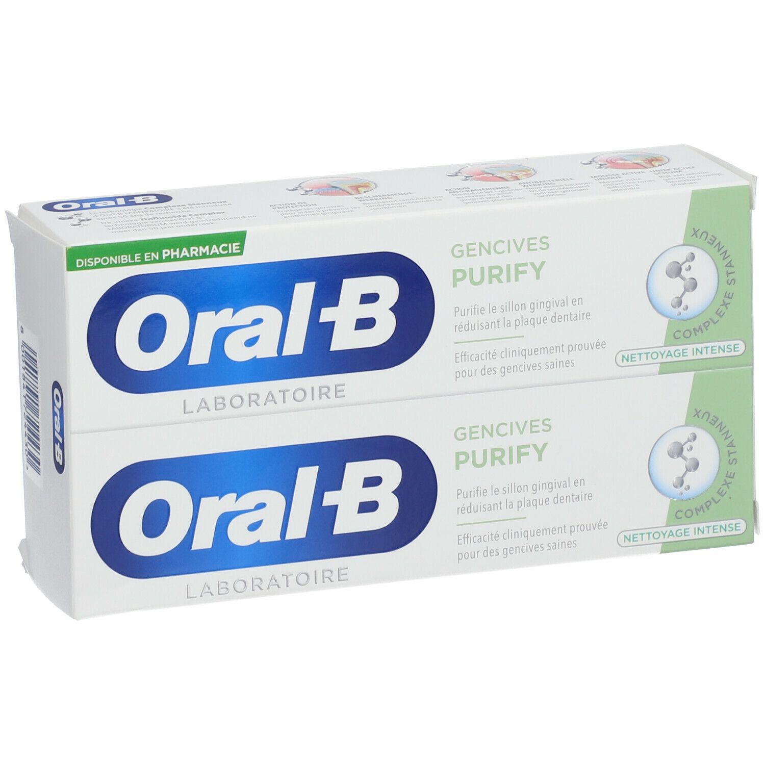 Deux boîtes de dentifrice Oral-B Laboratoire, Gencives Purify. Inscription: Disponible en pharmacie.