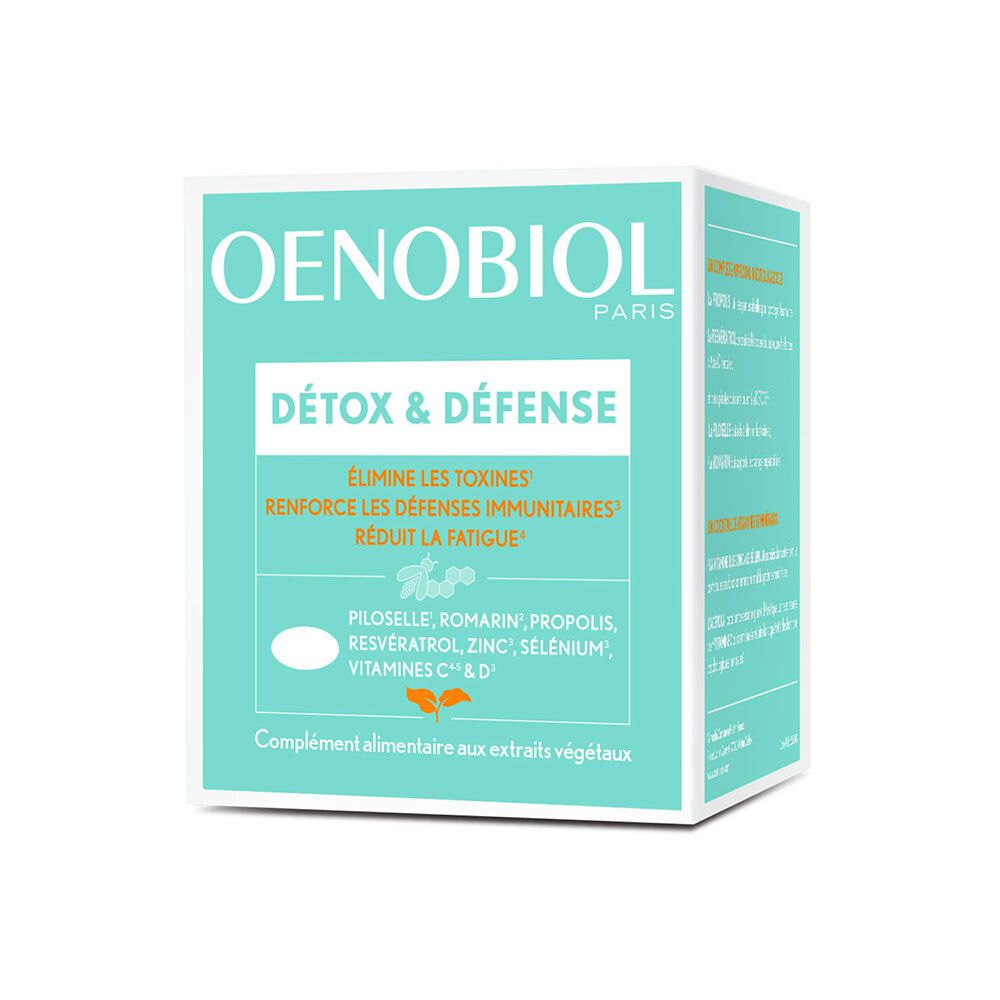 Boîte Oenobiol Détox & Défense. Ingrédients et informations sur fond turquoise. Nom du produit et de la marque visibles.