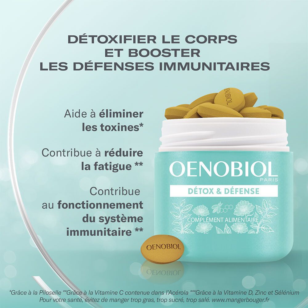 Oenobiol Détox & Défense, comprimés dans un pot. Pot turquoise. Nom du produit et informations.