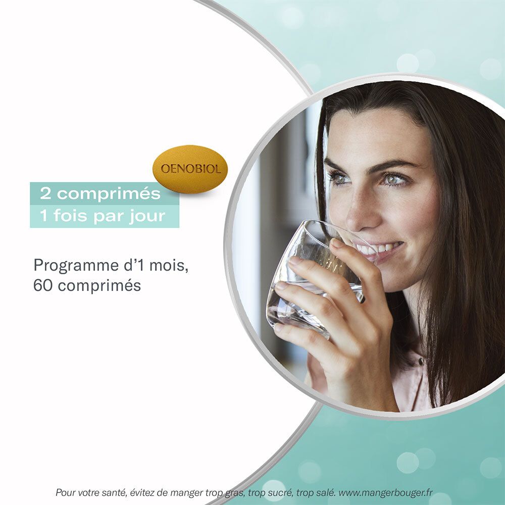 Comprimé Oenobiol. Femme buvant de l'eau. Nom du produit sur le comprimé. 2 comprimés par jour.