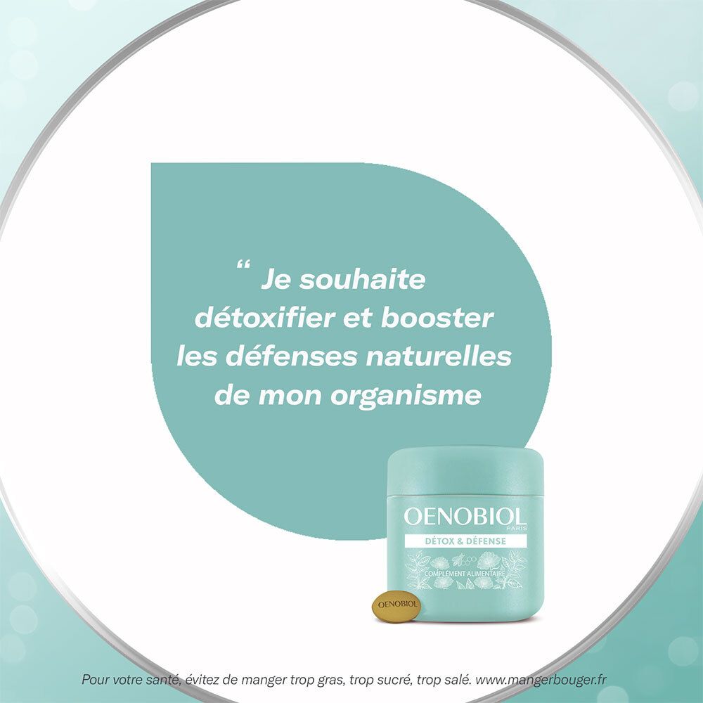 Oenobiol Détox & Défense. Pot turquoise. Nom du produit et citation. Comprimé.