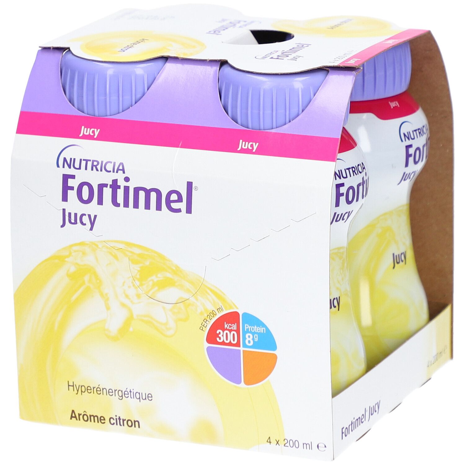 Emballage de Fortimel Jucy. Quatre bouteilles visibles. Inscription: Nutricia Fortimel Jucy, Hyperénergétique, Arôme citron. Bouteilles avec bouchons violets.