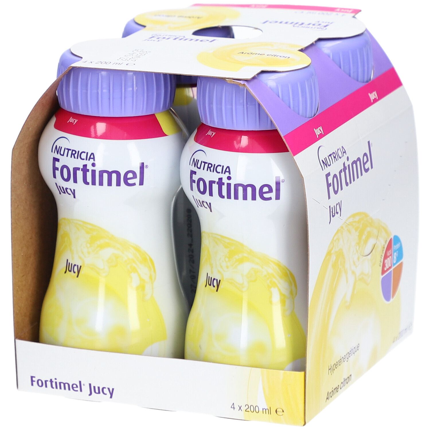Emballage de Fortimel Jucy. Quatre bouteilles visibles. Inscription: Nutricia Fortimel Jucy, Hyperénergétique, Arôme citron. Bouteilles avec bouchons violets.
