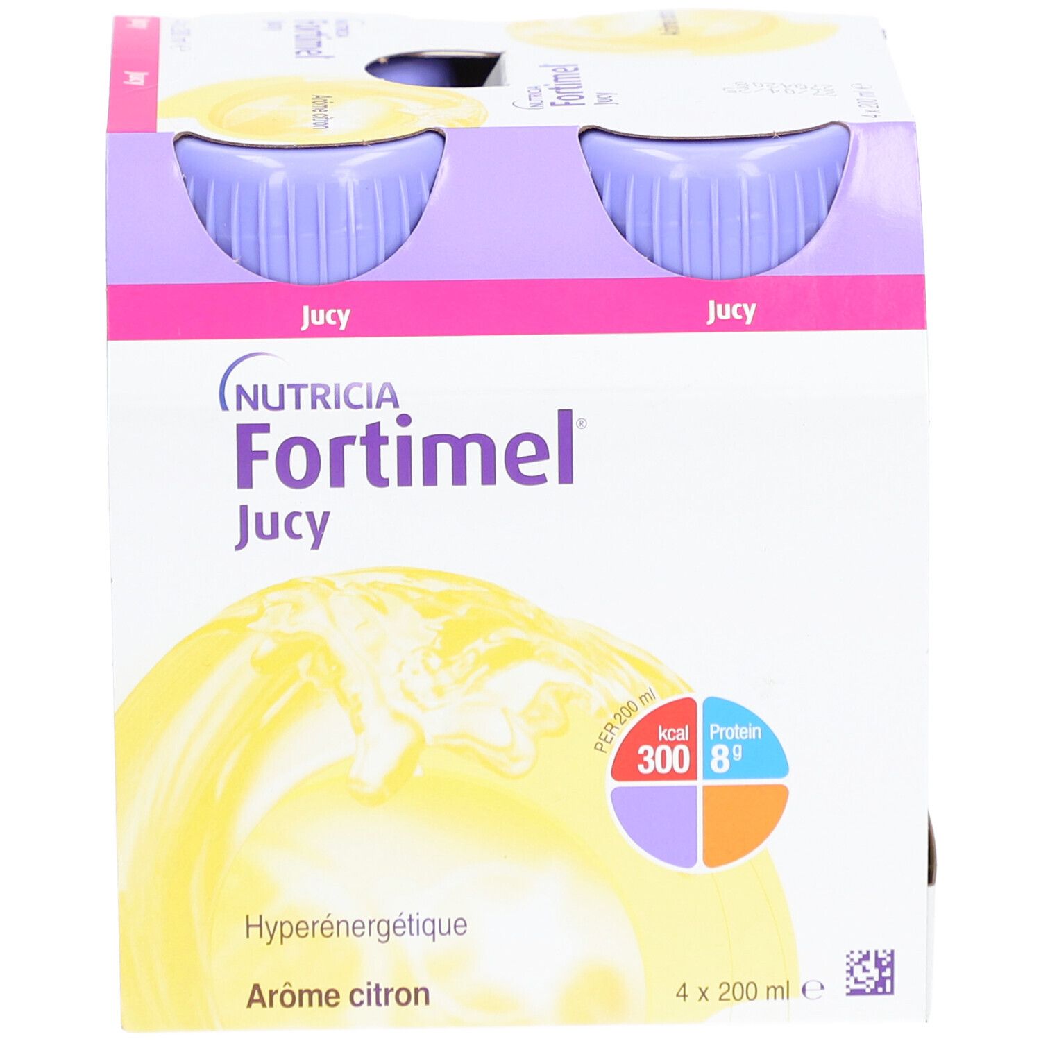 Emballage de Fortimel Jucy. Quatre bouteilles visibles. Inscription: Nutricia Fortimel Jucy, Hyperénergétique, Arôme citron. Bouteilles avec bouchons violets.