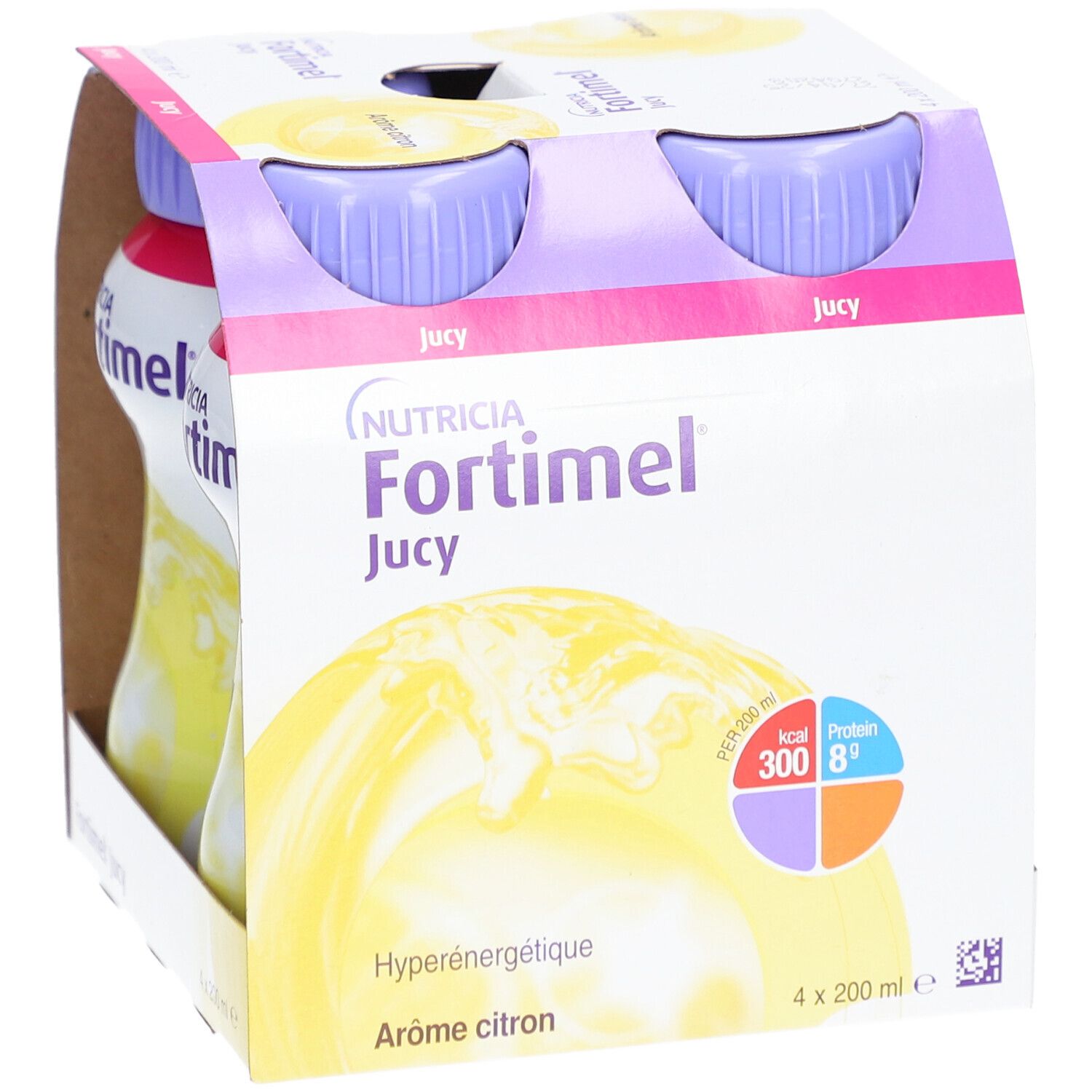 Emballage de Fortimel Jucy. Quatre bouteilles visibles. Inscription: Nutricia Fortimel Jucy, Hyperénergétique, Arôme citron. Bouteilles avec bouchons violets.