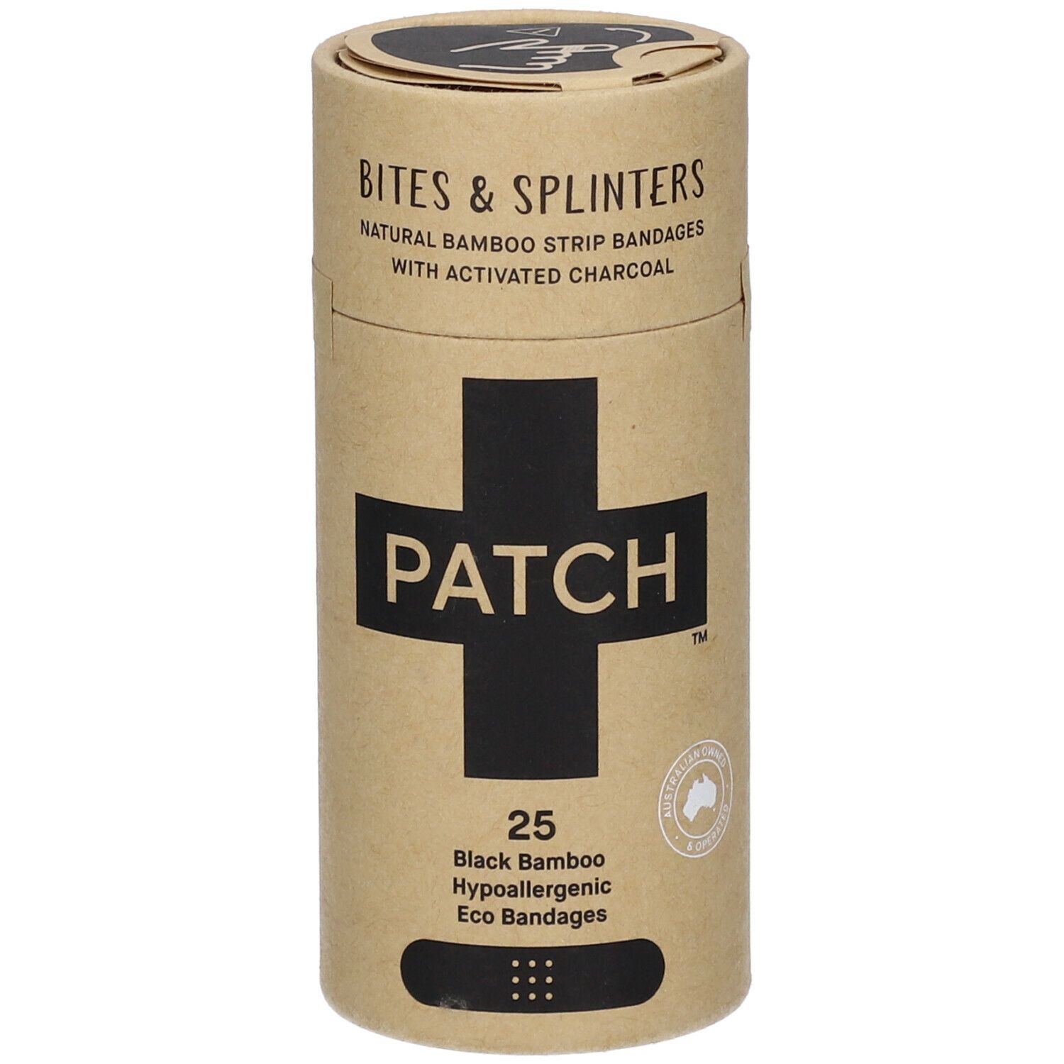 Emballage cylindrique de pansements. Inscription: PATCH, 25 Black Bamboo, hypoallergénique. Avec charbon actif.