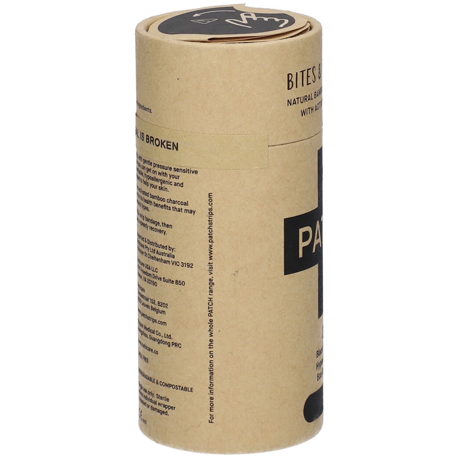 Emballage cylindrique, partiellement étiqueté. Texte: PATCH, 25 Black Bamboo, hypoallergénique. Avec charbon actif. Informations.