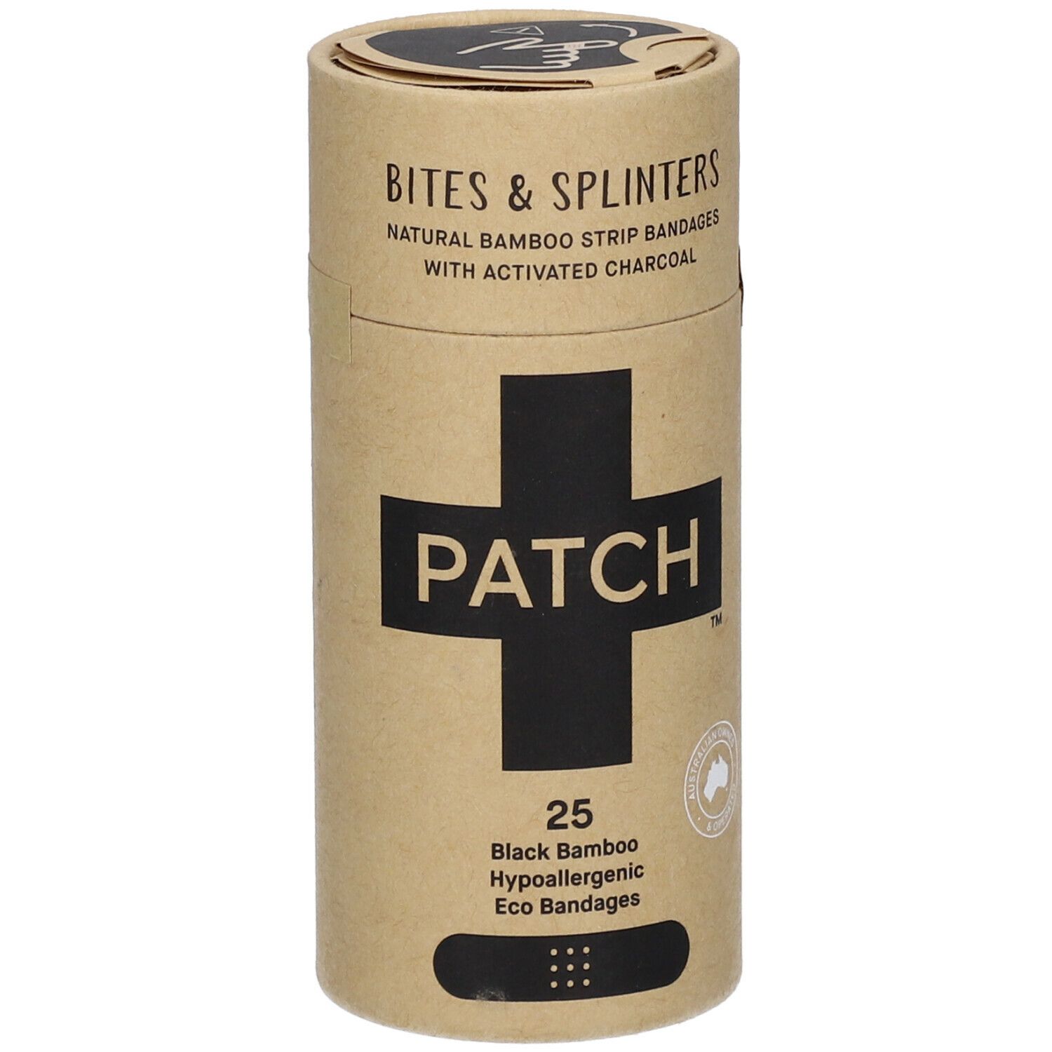 Emballage cylindrique de pansements. Inscription: PATCH, 25 Black Bamboo, hypoallergénique. Avec charbon actif.
