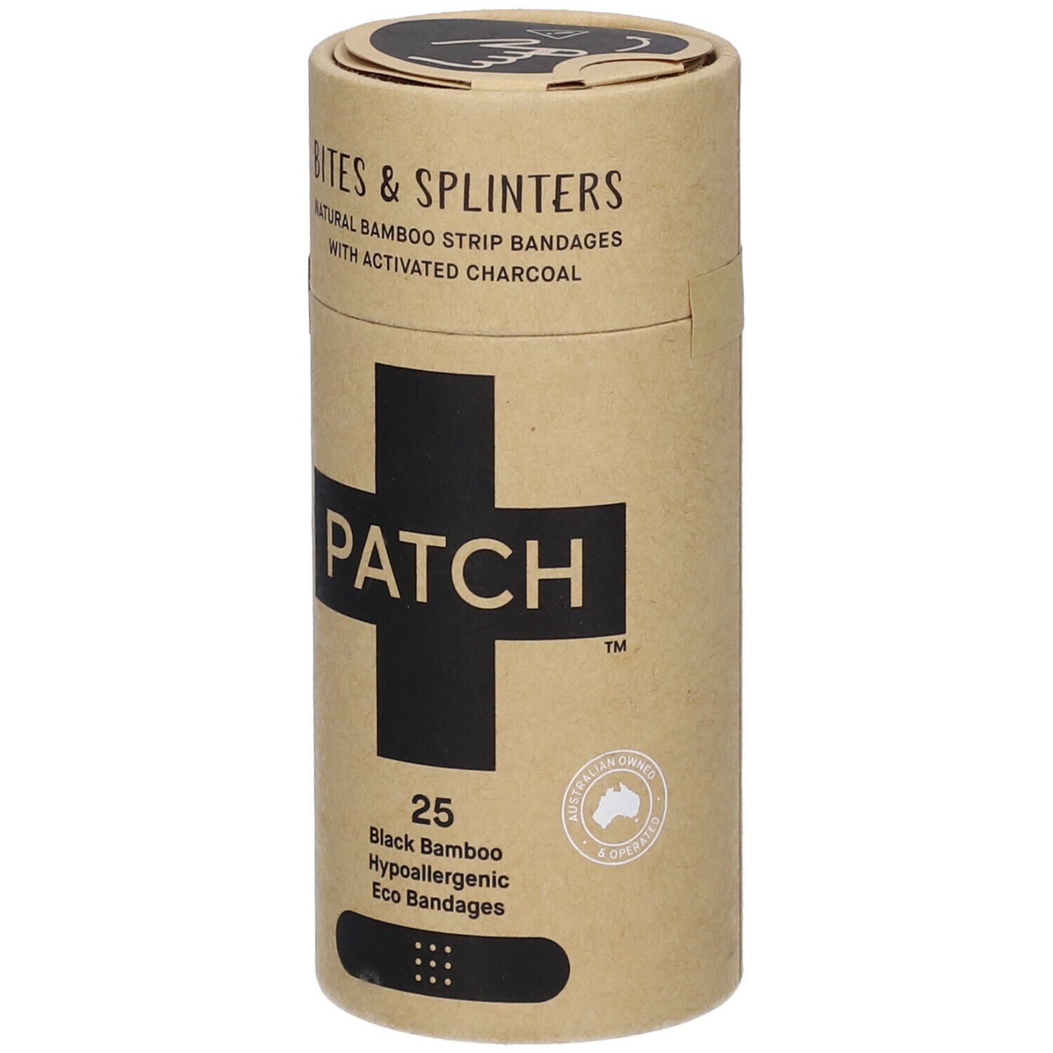 Emballage cylindrique de pansements. Inscription: PATCH, 25 Black Bamboo, hypoallergénique. Avec charbon actif.