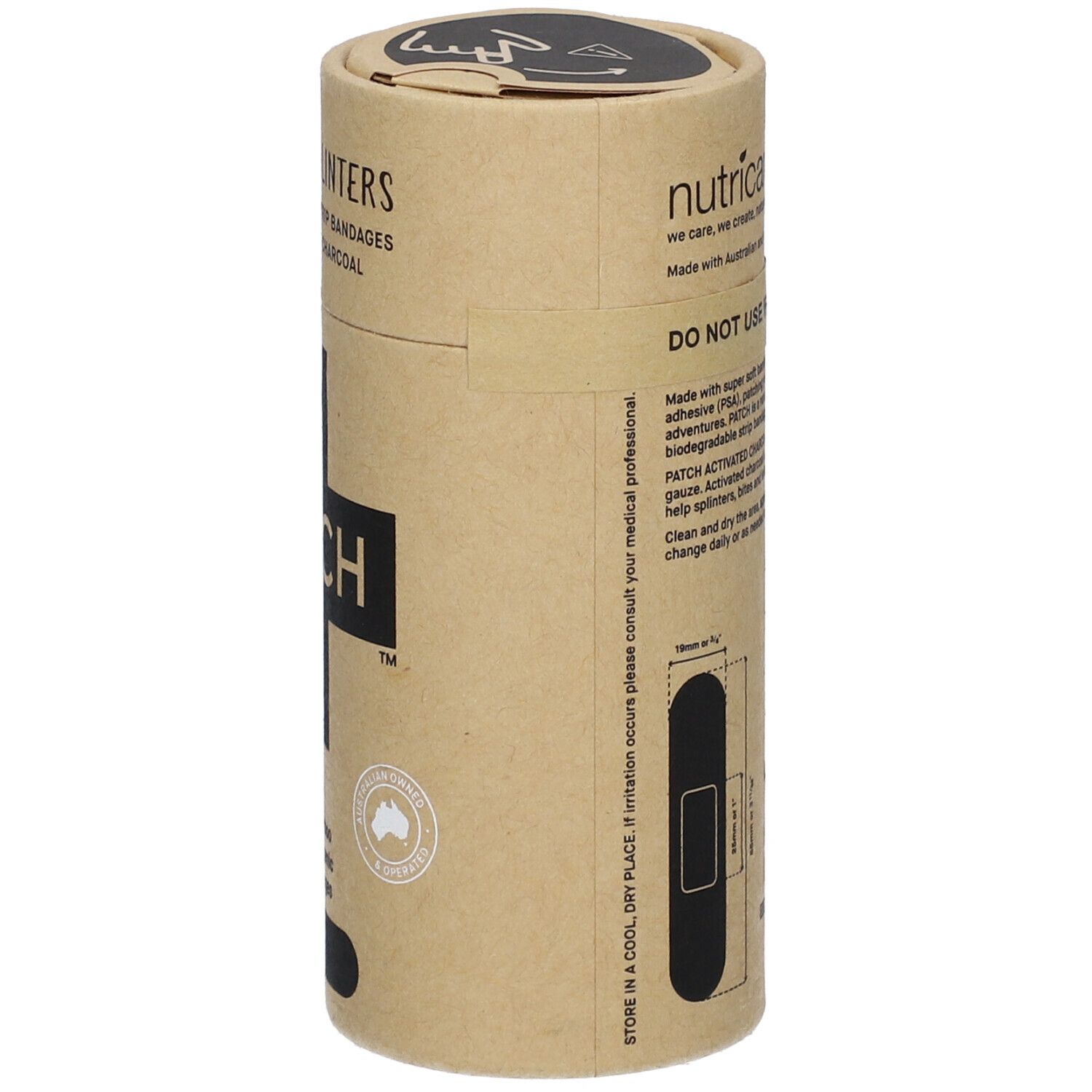 Emballage cylindrique de pansements. Inscription: PATCH, 25 Black Bamboo, hypoallergénique. Avec charbon actif. Informations.
