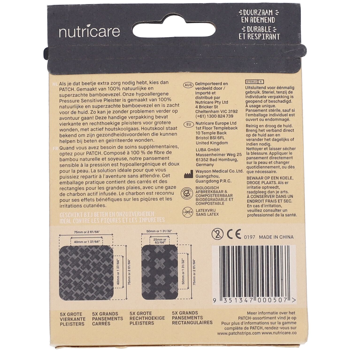 Dos de la boîte de pansements. Logo "nutricare". Texte. Illustrations des pansements. Dimensions. Certifications.