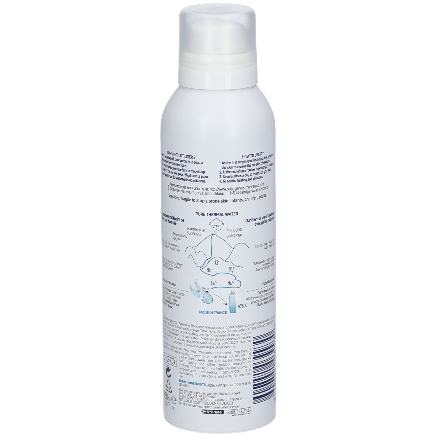 Spray blanc, vue arrière. Texte: Eau Thermale Pure Thermal Water. Informations et instructions du produit.