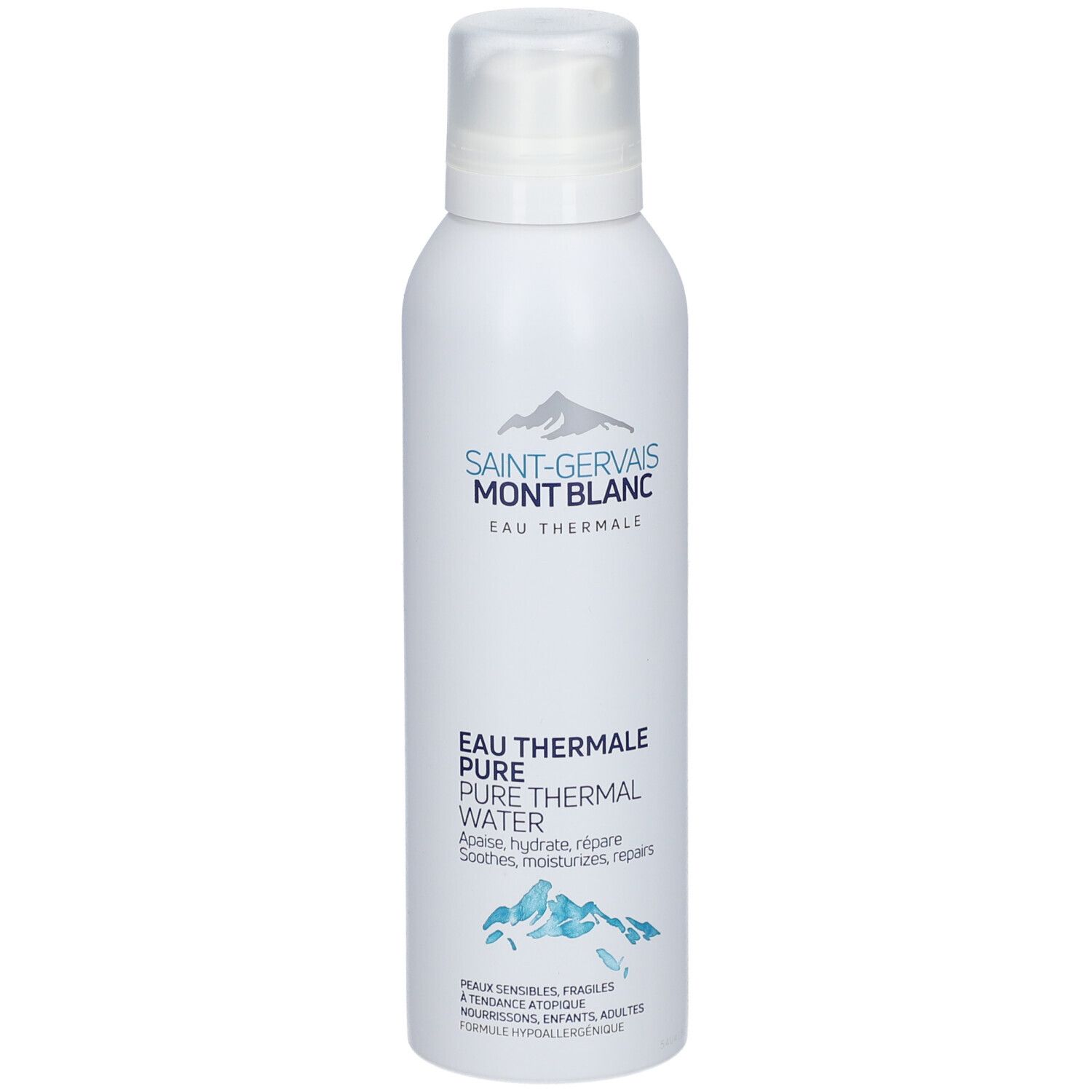 Spray blanc avec nom et logo du produit. Texte: Eau Thermale Pure Thermal Water. Pour peaux sensibles.