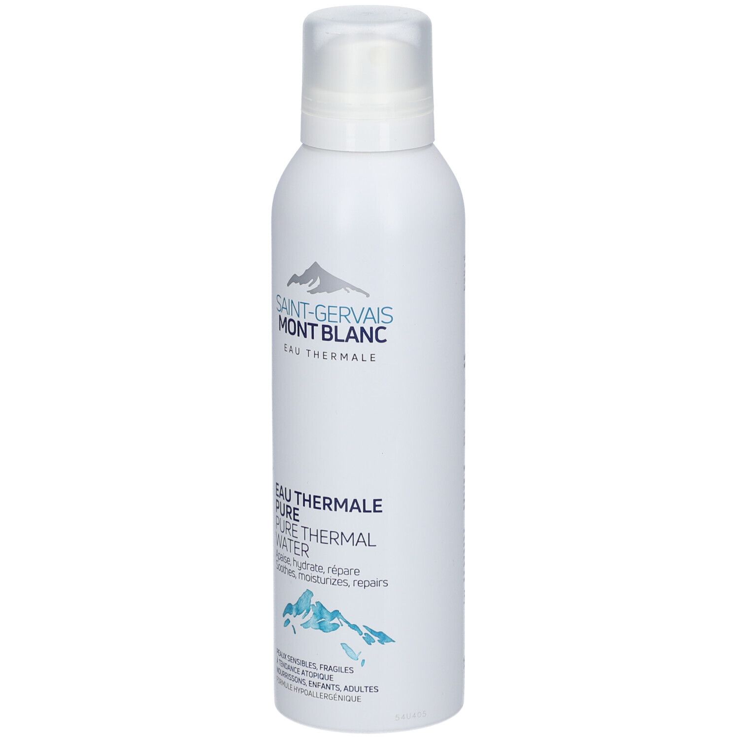 Spray blanc avec nom et logo du produit. Texte: Eau Thermale Pure Thermal Water. Pour peaux sensibles.