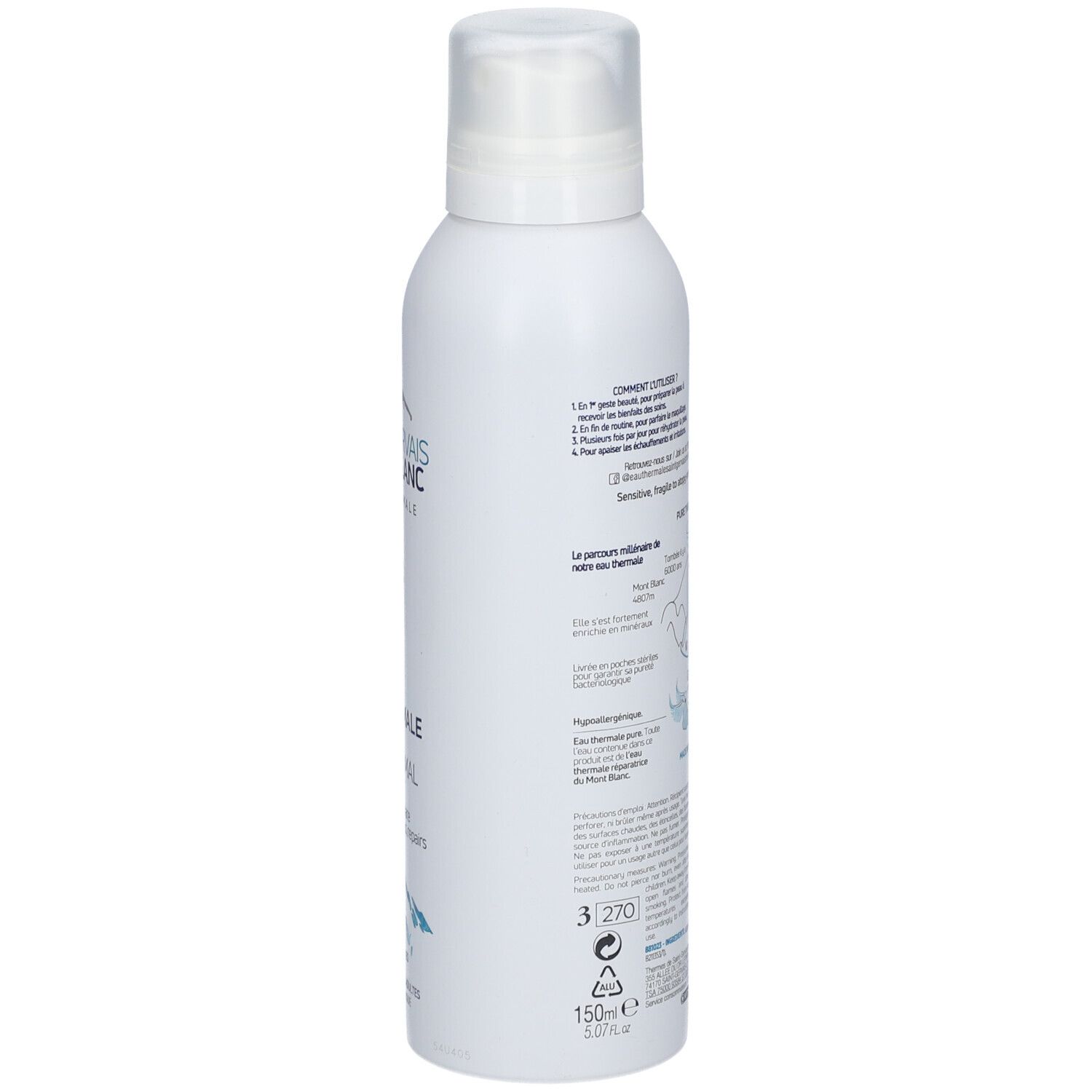 Spray blanc, vue arrière. Texte: Eau Thermale Pure Thermal Water. Informations et instructions du produit.