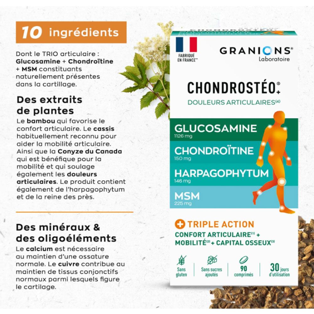 Chondrostéo de GRANIONS. Contient glucosamine, chondroïtine, harpagophytum, MSM. 90 comprimés. Texte sur ingrédients et extraits de plantes.