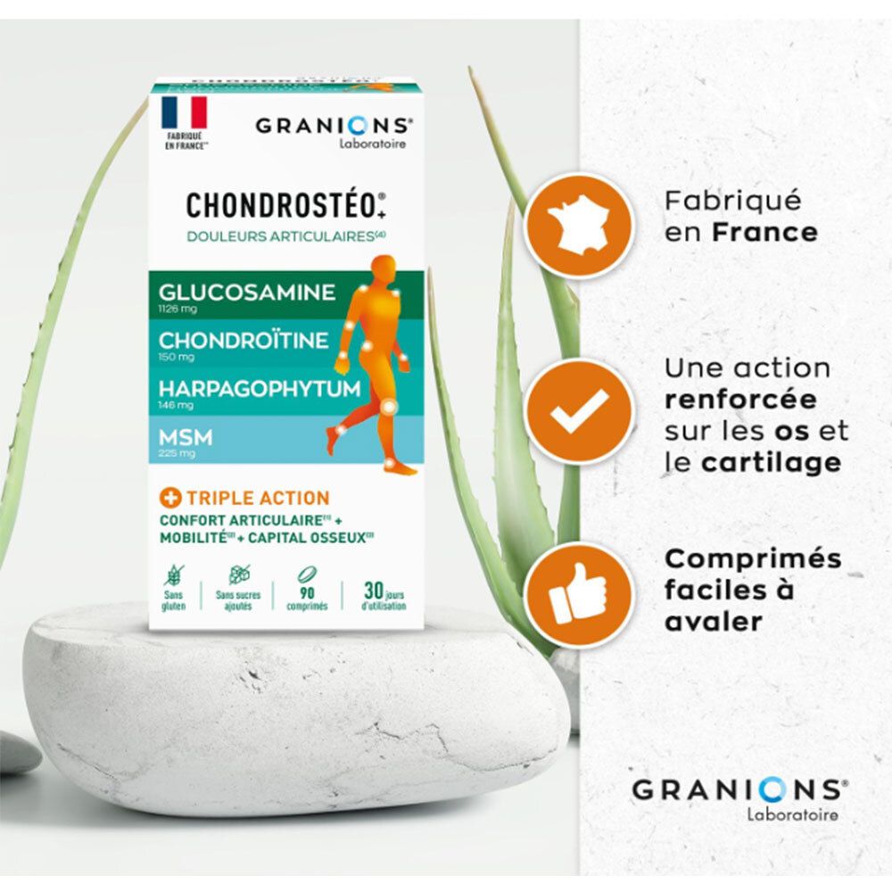Chondrostéo de GRANIONS. Contient glucosamine, chondroïtine, harpagophytum, MSM. 90 comprimés. Fabriqué en France. Posé sur pierre.