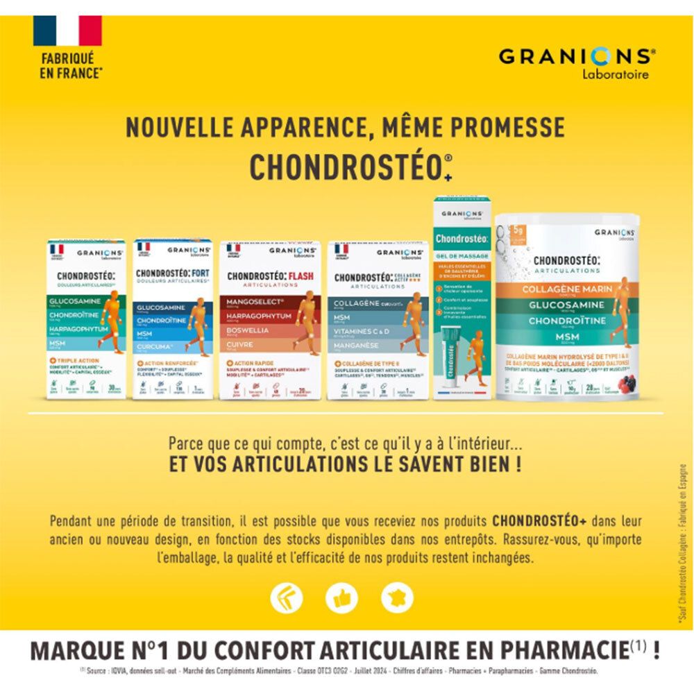Différents produits Chondrostéo de GRANIONS. Nouveau look, mêmes promesses. Contient aussi Collagène Marin.