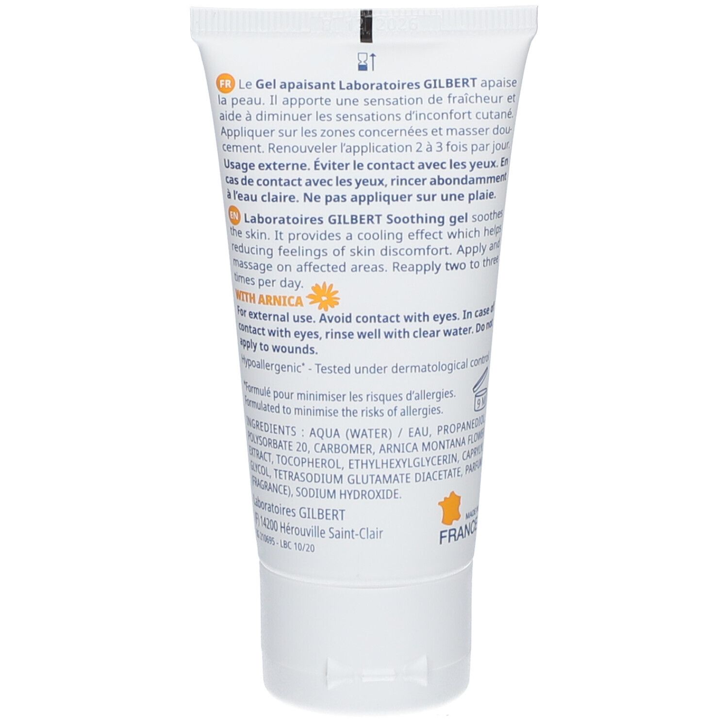 Dos du tube de gel. Texte en français et anglais. Contient les ingrédients et les instructions d'utilisation. Fabriqué en France.