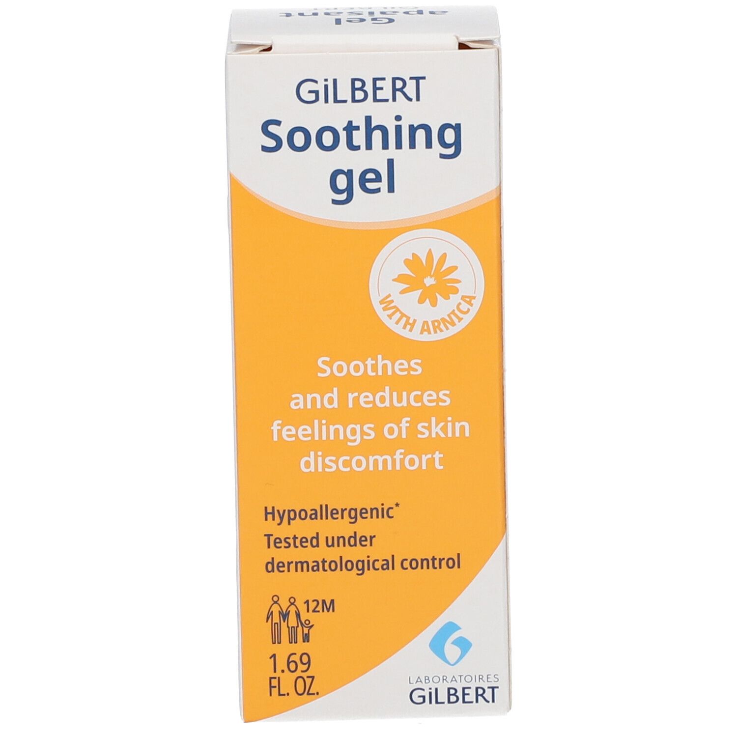 Boîte jaune et blanche avec 'Soothing gel GILBERT'. Avec Arnica. Testé dermatologiquement. Contient 1.69 fl oz.
