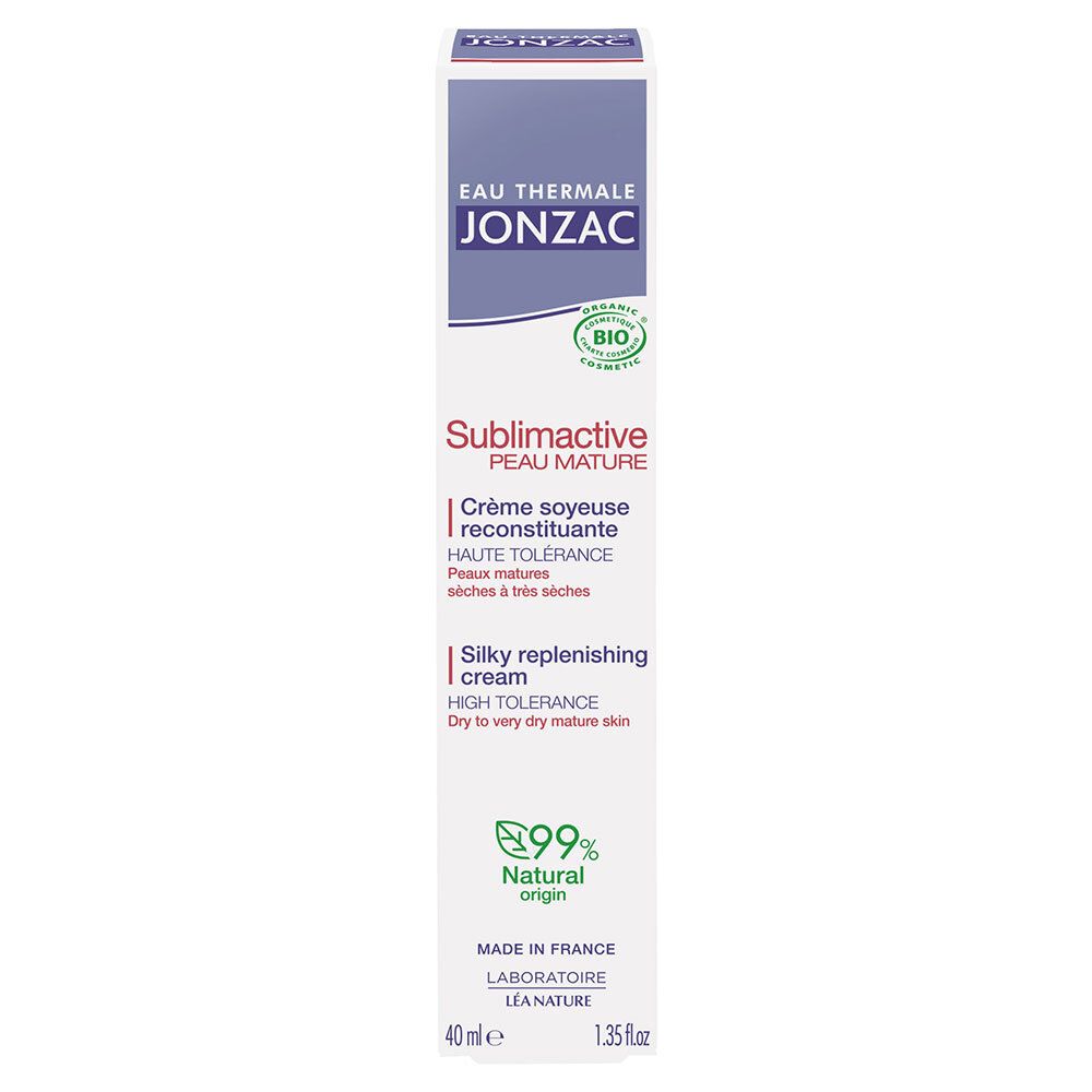 Boîte avec flacon. Inscriptions: Jonzac, Sublimactive, Crème Soyeuse. Certification bio. 99% origine naturelle. 40ml.