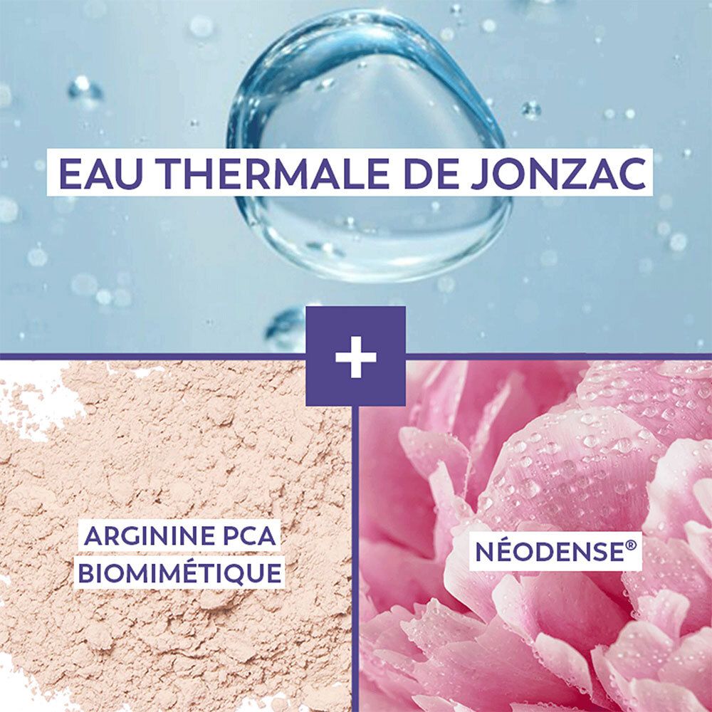 Division en trois zones. En haut : bulle d'eau. Milieu : poudre rose. En bas : fleur rose. Texte : Eau Thermale de Jonzac, Arginine PCA, Néodense.