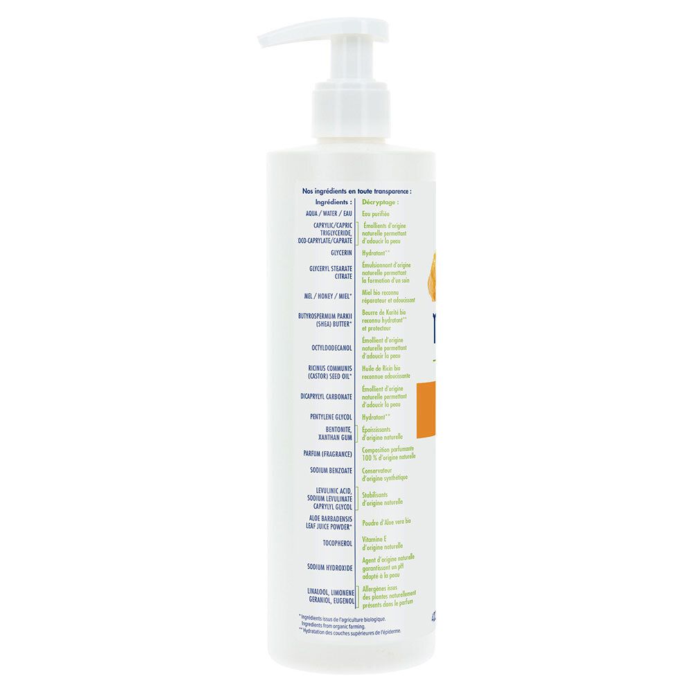 Dos du flacon blanc. Liste des ingrédients. Texte en français. Illustration de rayon de miel. Certification bio. Éco-labels.