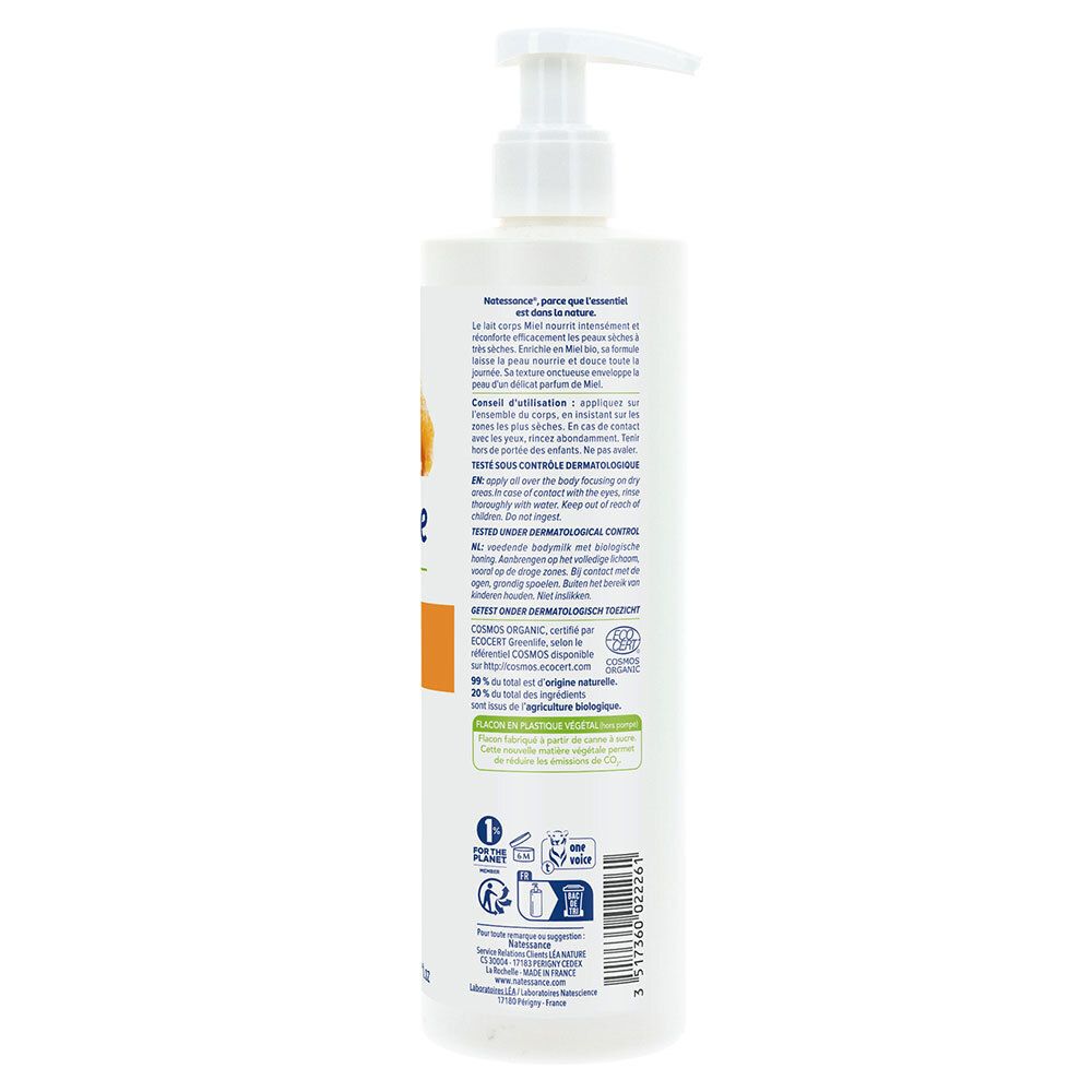 Dos du flacon blanc. Texte en français. Informations d'utilisation. Certification bio. Éco-labels. Numéro de lot.