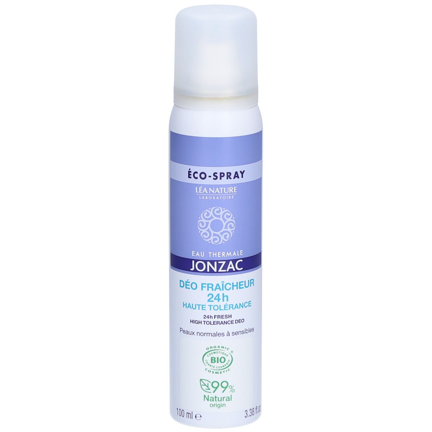 Spray déodorant blanc Eau Thermale Jonzac. Avec bouchon, étiquette violette et texte. 99% ingrédients naturels.